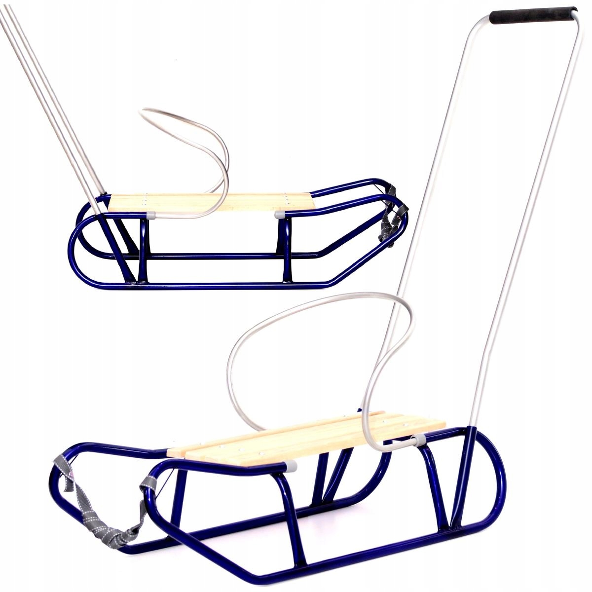 Sanki Tradycyjne Solidne Metalowe Z Oparciem I Pchaczem Tomek Niebieskie