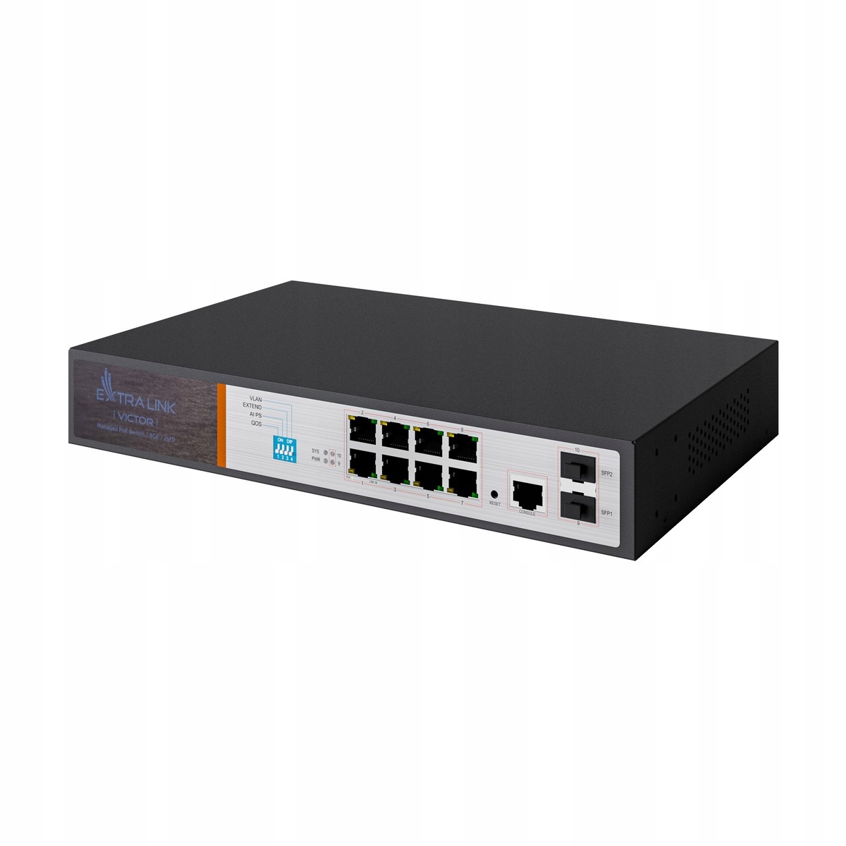 Extralink VICTOR Switch PoE 8x Gigabit PoE/PoE+, 2x SFP, 1x Port Konsolowy, Liczba portów 8