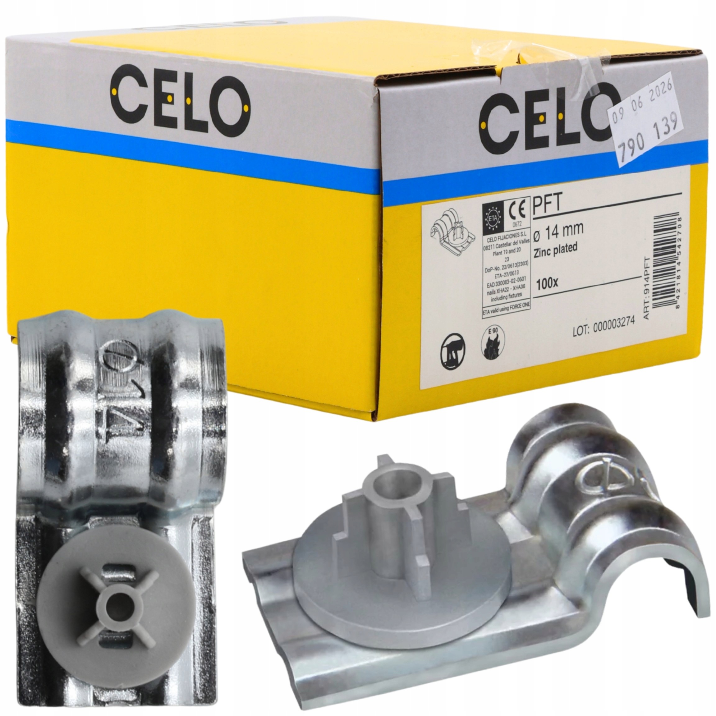 Jednotlivý držák Celo 914PFT 14 mm E90 Eta ocelový pro montáž kabelů 100 ks