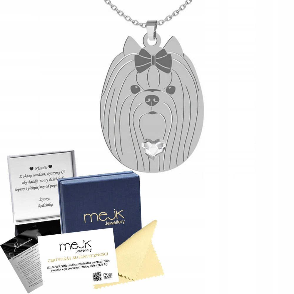 Stříbrný náhrdelník Yorkshire Terrier 925 Šperky Řetízek Gravírování Bonus