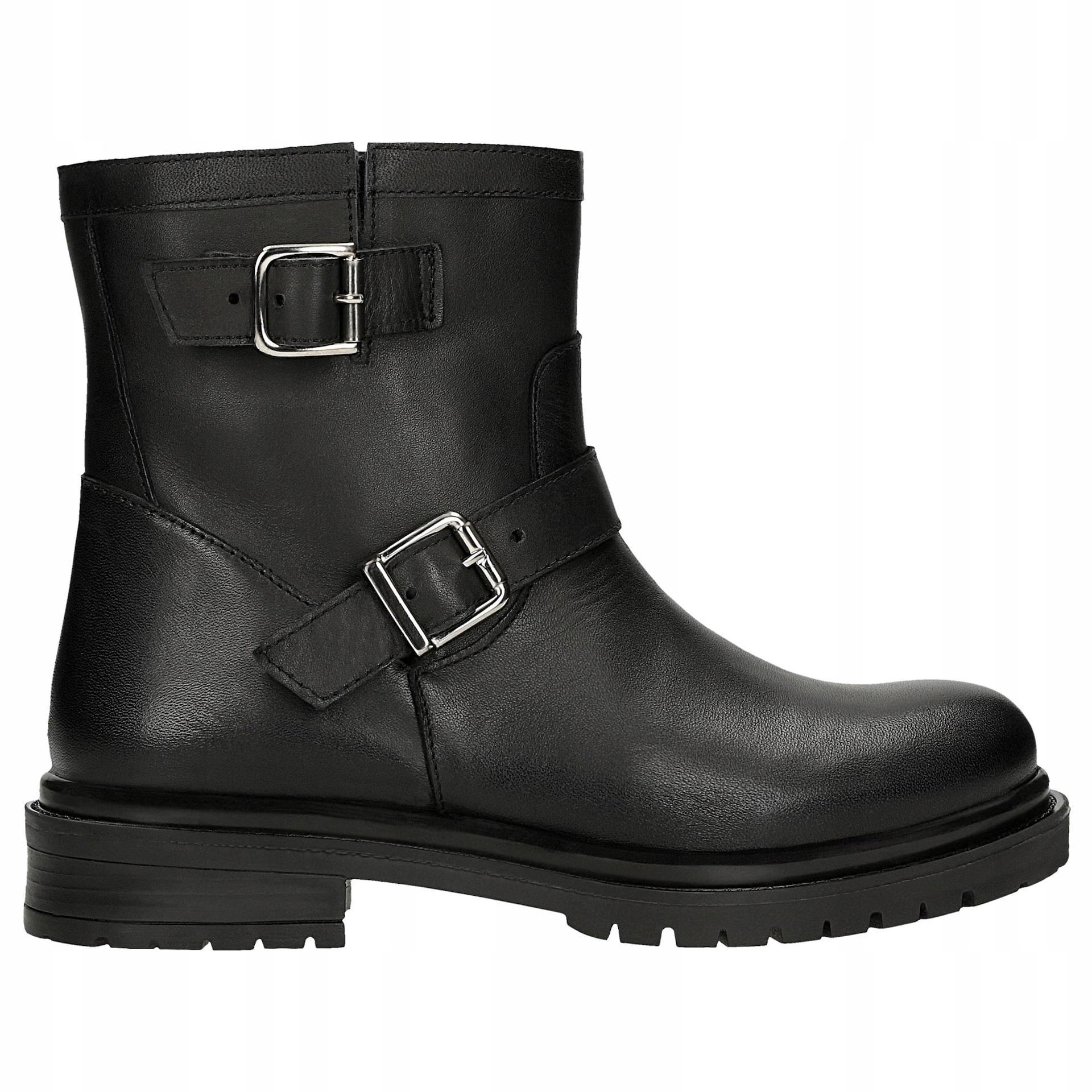 Černé kotníkové boty bikery se stříbrnými přezkami, velikost vel.