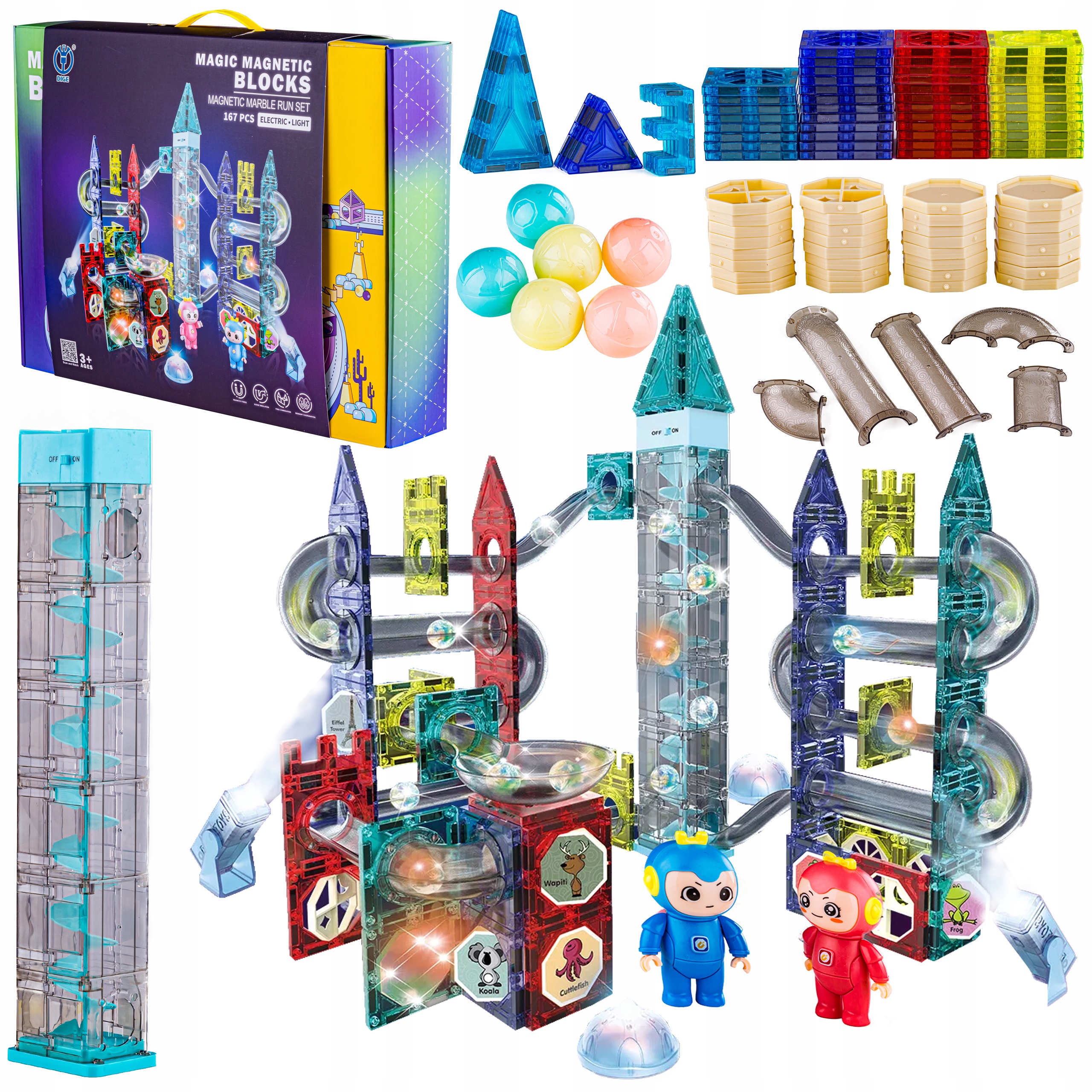 MAGNETYCZNE KLOCKI dla dzieci ŚWIECĄCE KLOCKI KONSTRUKCYJNE ZAMEK TOR KULKI Marka DK