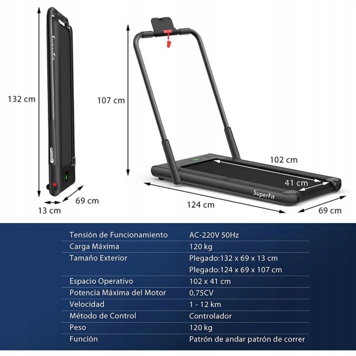 Bieżnia treningowa elektryczna LCD do 120kg pilot, głośniki aplikacja 550W Model SP37513DE-BK