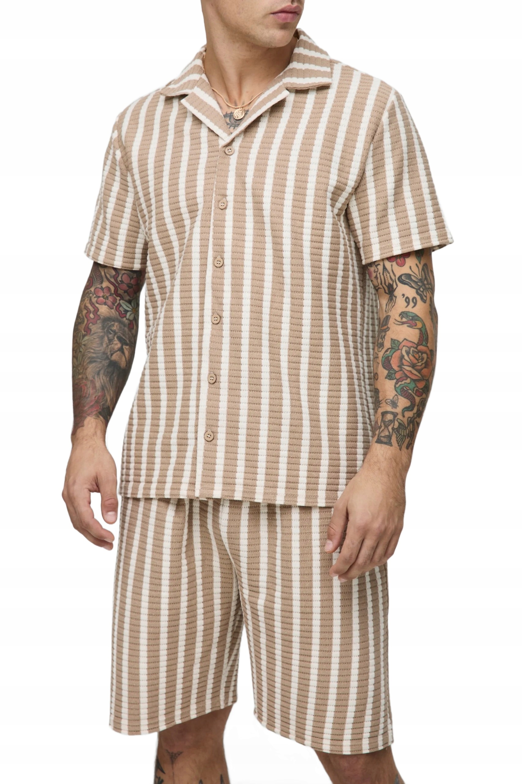 Boohooman Pánský Komplet Béžovo-bílý S Proužky, Krátký Rukáv, Z3A