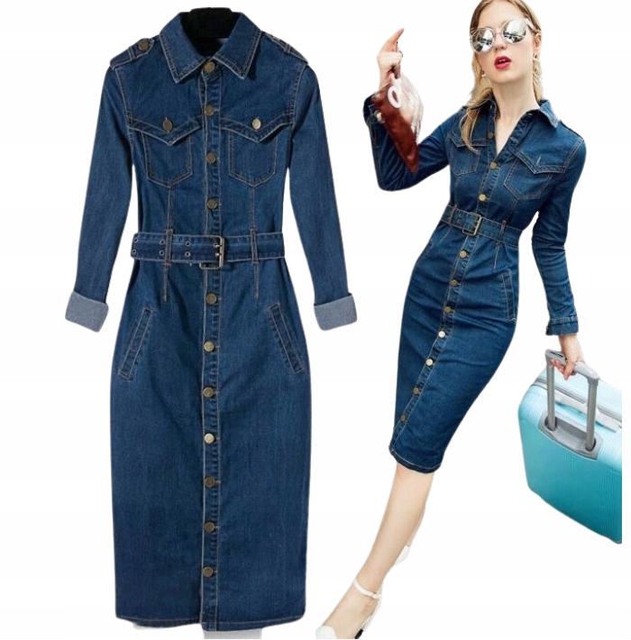 Jeansowa sukienka ołówkowa midi pasek kołnierz