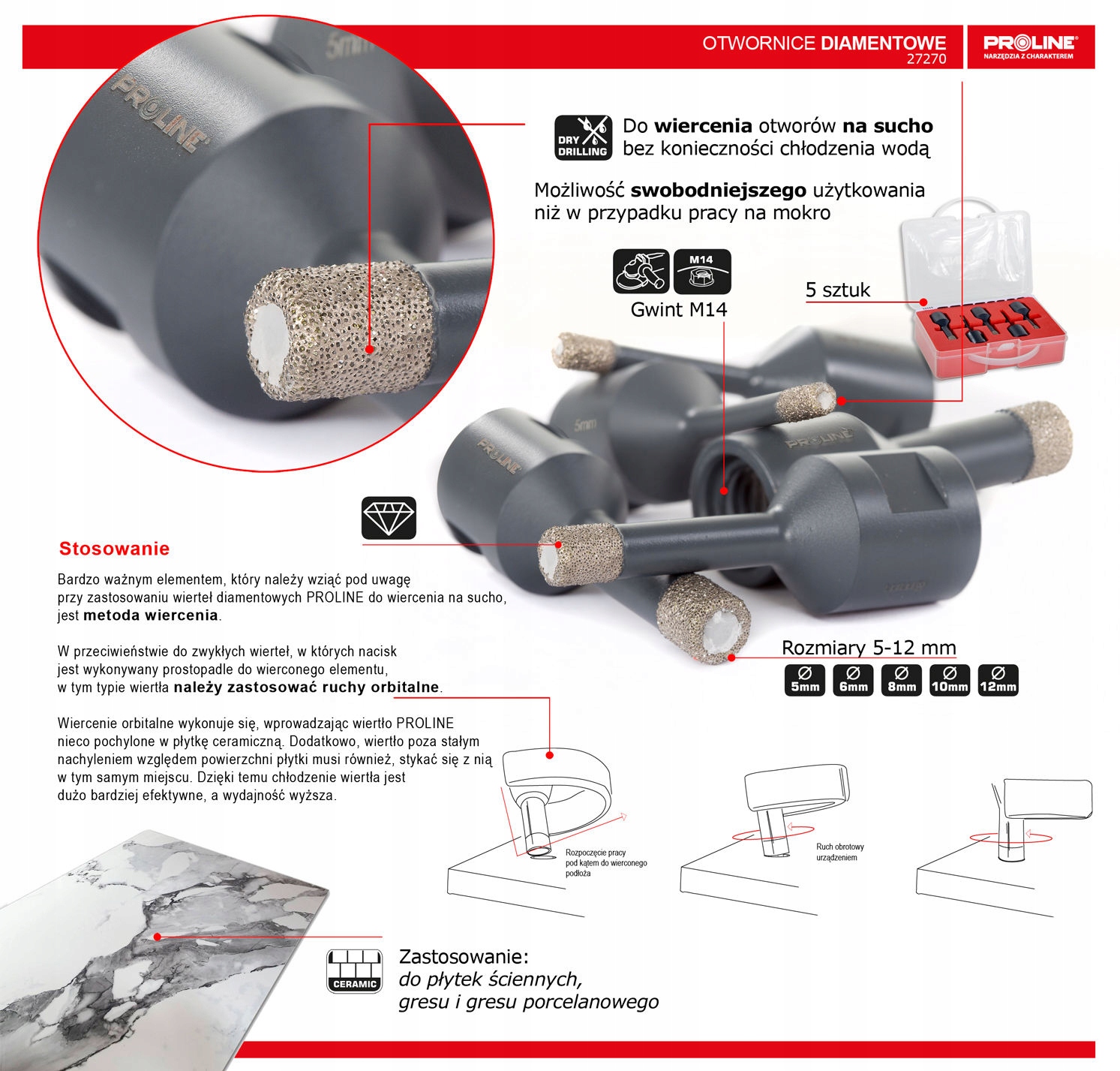 ZESTAW OTWORNIC DIAMENTOWYCH 5-12MM, 5SZT., M14 Marka Proline