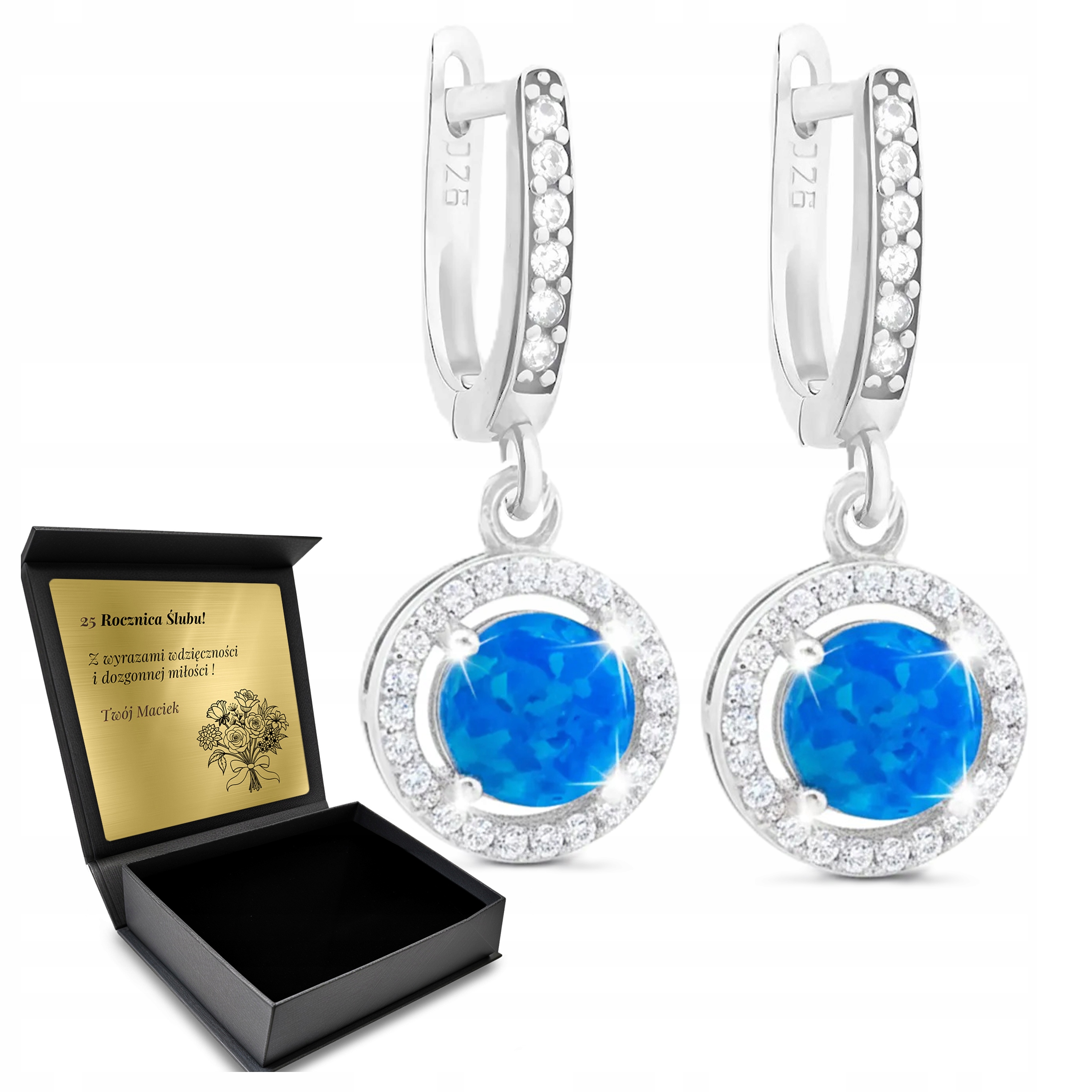 Stříbrné Náušnice 925 Zirkony Opal Dárek pro ženu Gravírování Bonus