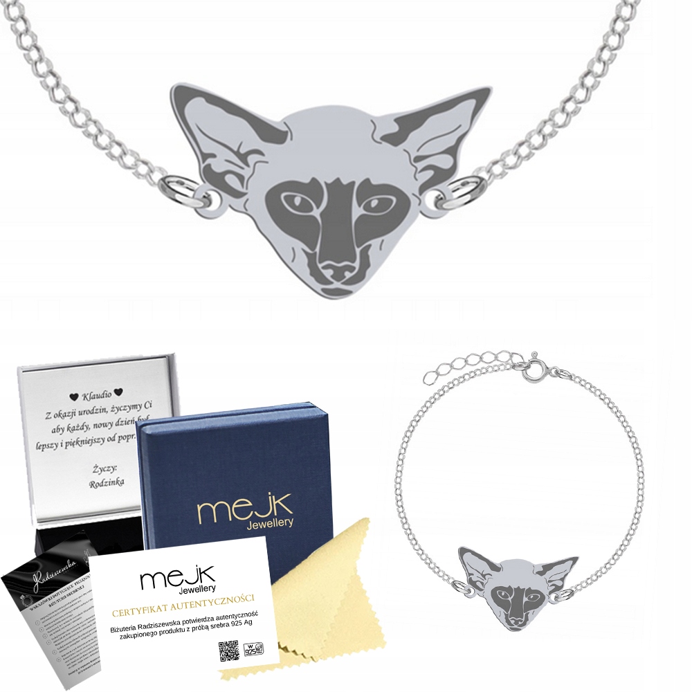 Stříbrný náramek s siamskou kočkou 925 Dárek Šperky Gravírování