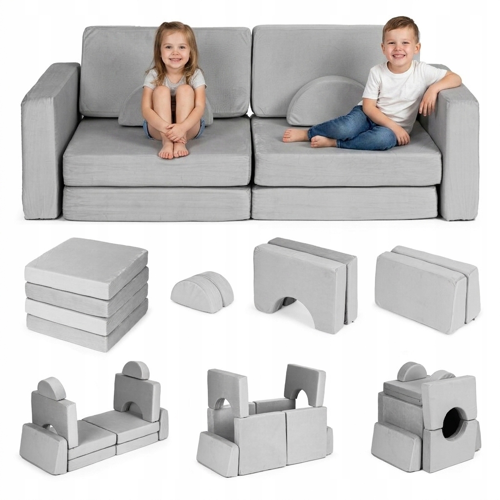Sofa Modułowa Dla Dzieci Kanapa Składana Pianka Do Zabaw Diy Szara 10 El.