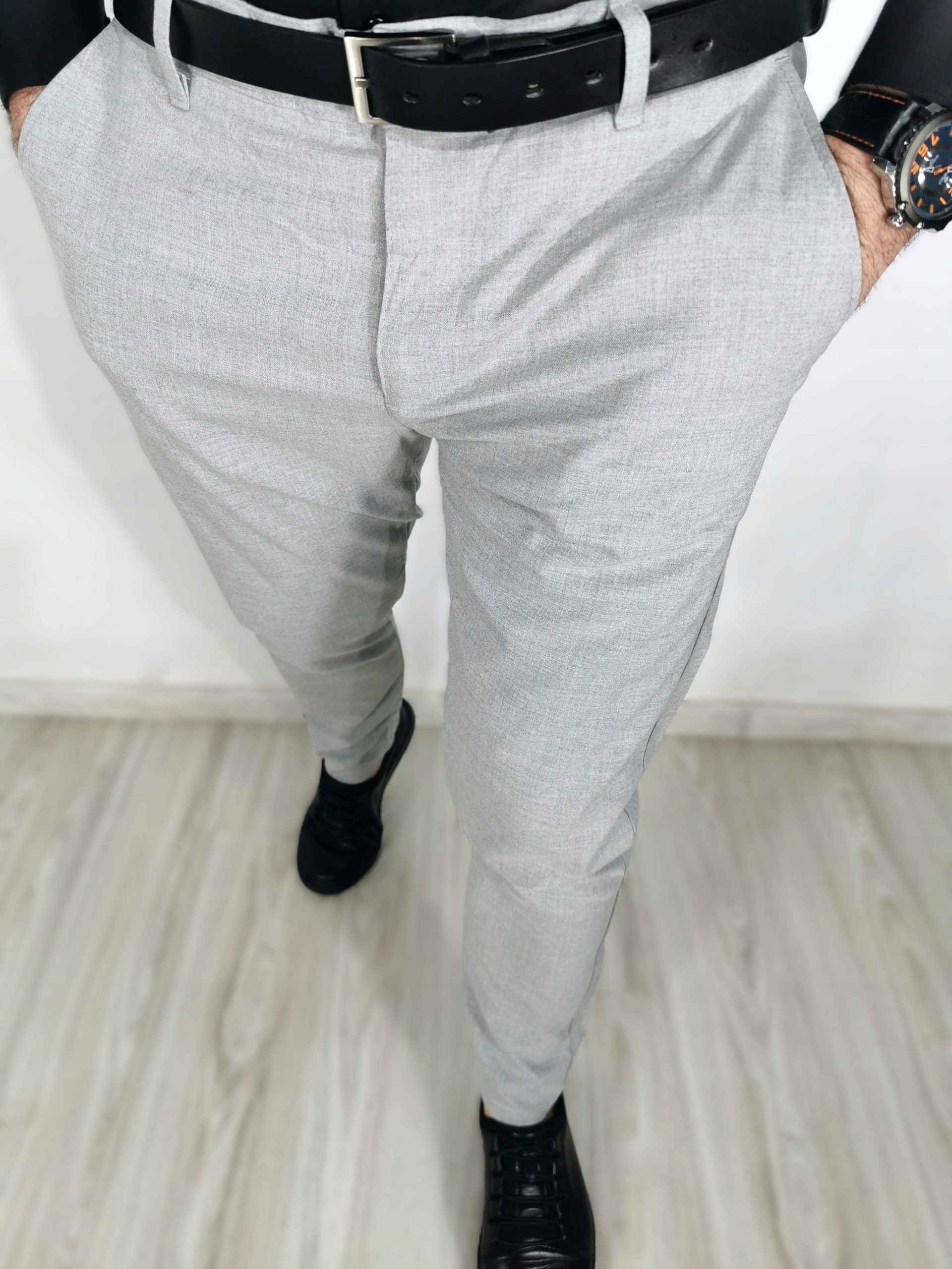 Pánské společenské kalhoty světle šedé, hladké, zúžené, Sdm 40