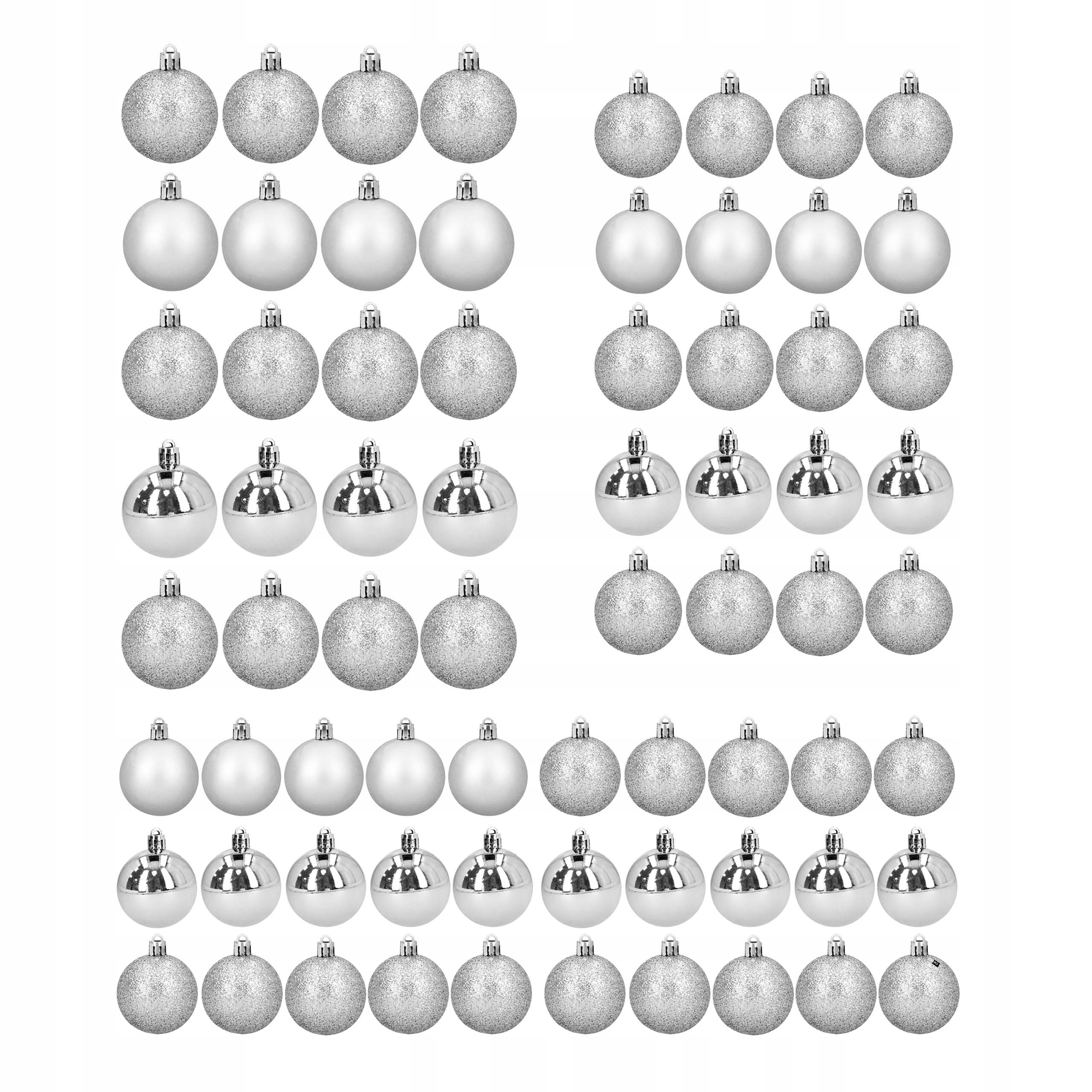 Nerozbitné stříbrné vánoční Vánoční Baňky na stromeček, velká sada XXL, 70 kusů v krabičce