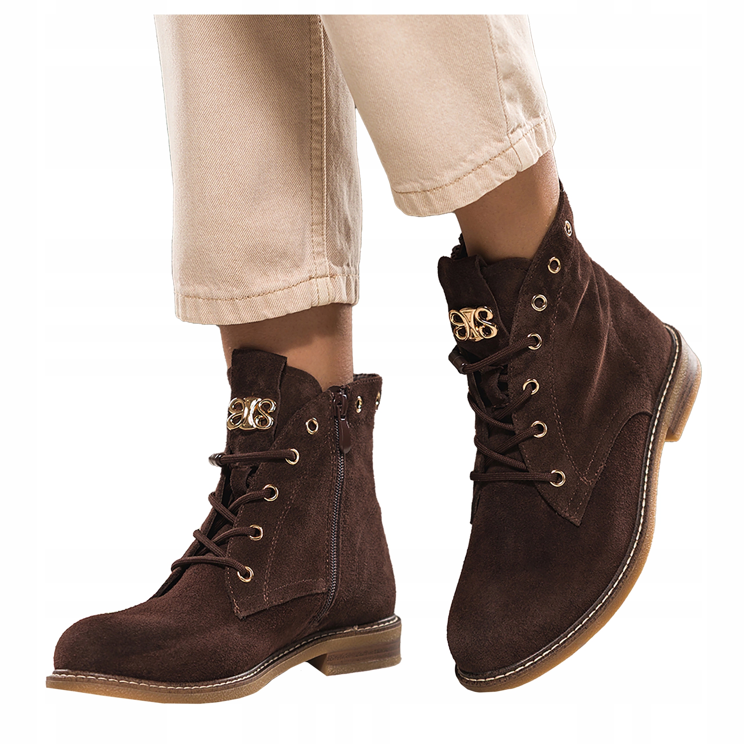 Dámské Kotníkové Boty Čokoládové Kožené Plochá podrážka Šněrovací Pohodlné r 36