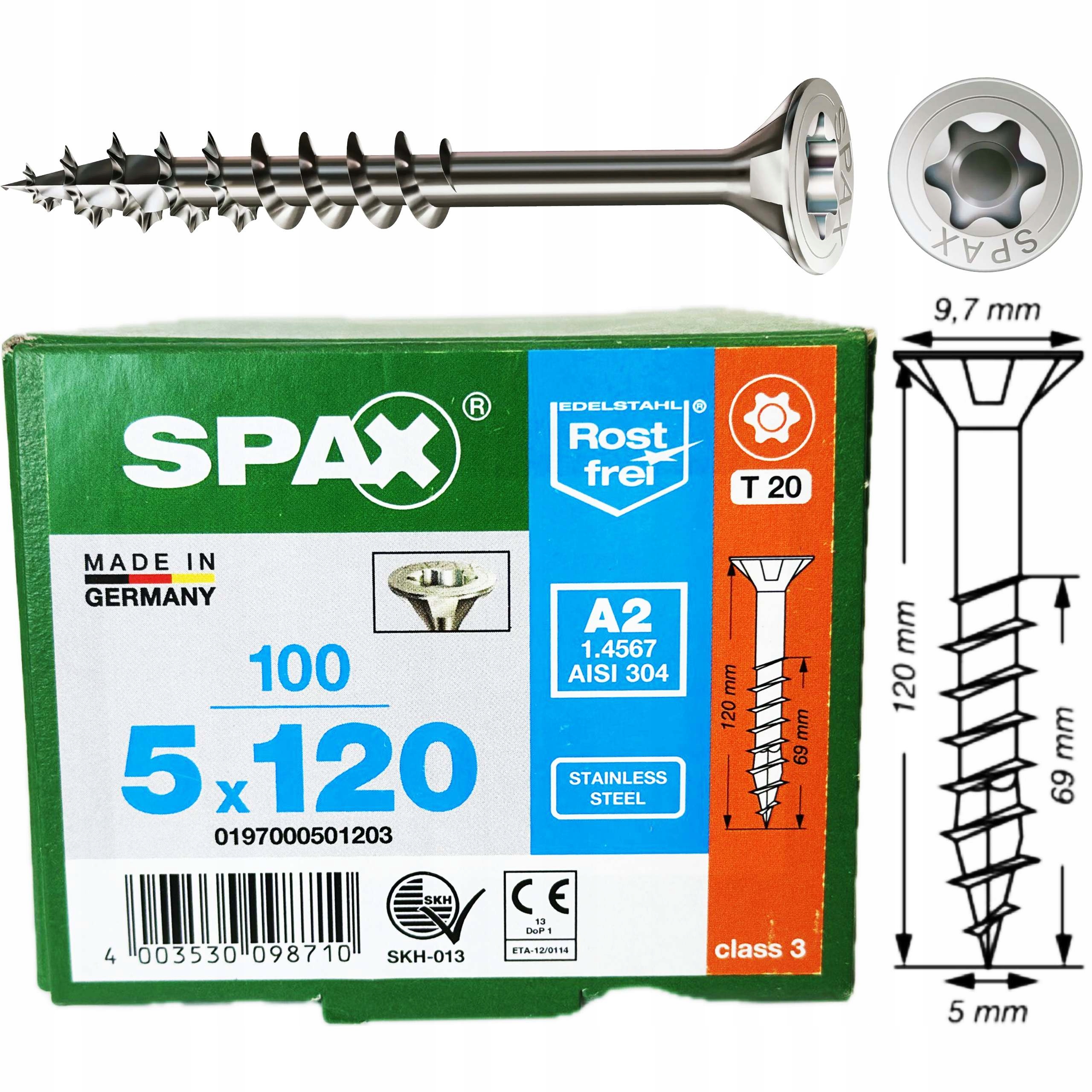 Wkręty Nierdzewne 5x120 mm wkręty do drewna 100szt Stal Szlachetna A2 Spax