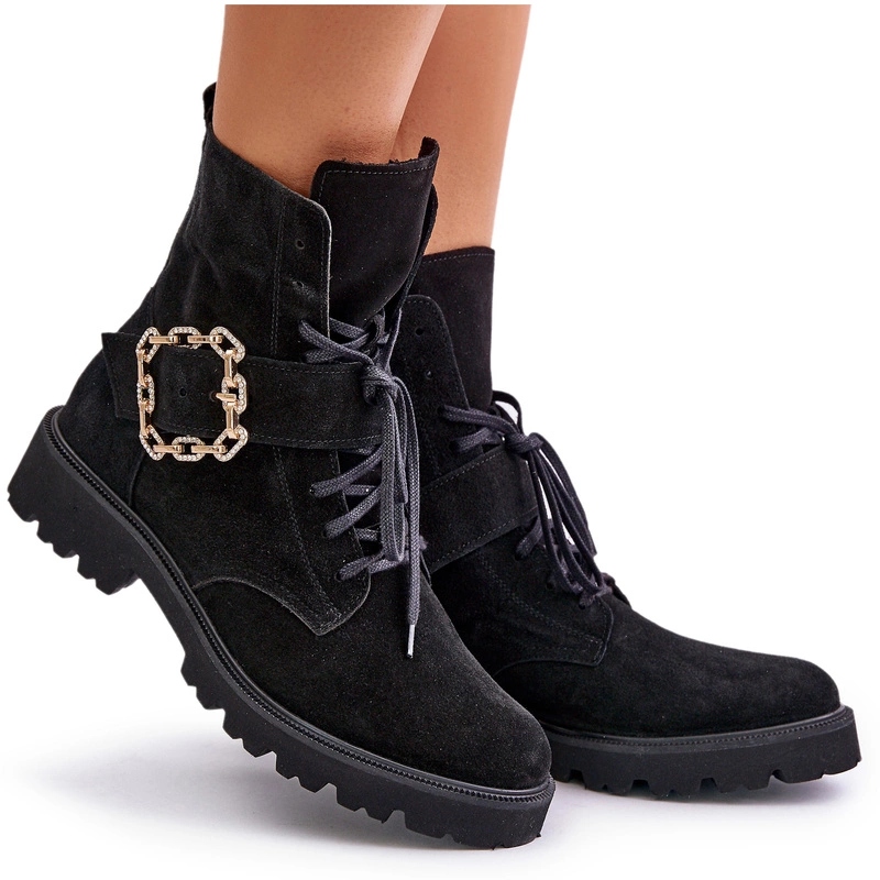 Dámské Kotníkové Boty Semišová Ozdoba S Přezkou Na Zip Zazoo 2951 Černé 37