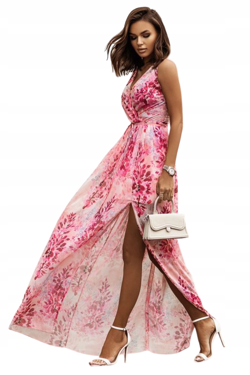 Krásná Šifonová Maxi Šaty Dolores S Květinami, Růžová 50