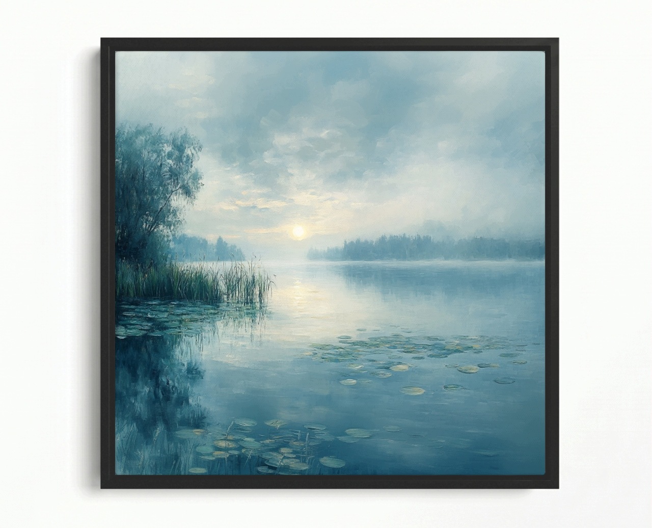 Obraz Rám Americká Krajina Jezero Stromy Slunce Východ Mlha 60x60