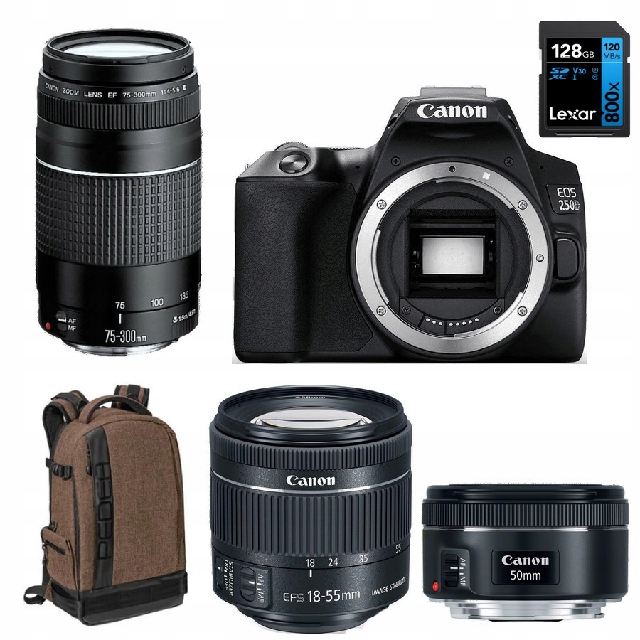 Sada Canon 250D 18-55 Is Stm 75-300 Canon 50 MM 1.8 Stm 128 Gb Lexar
