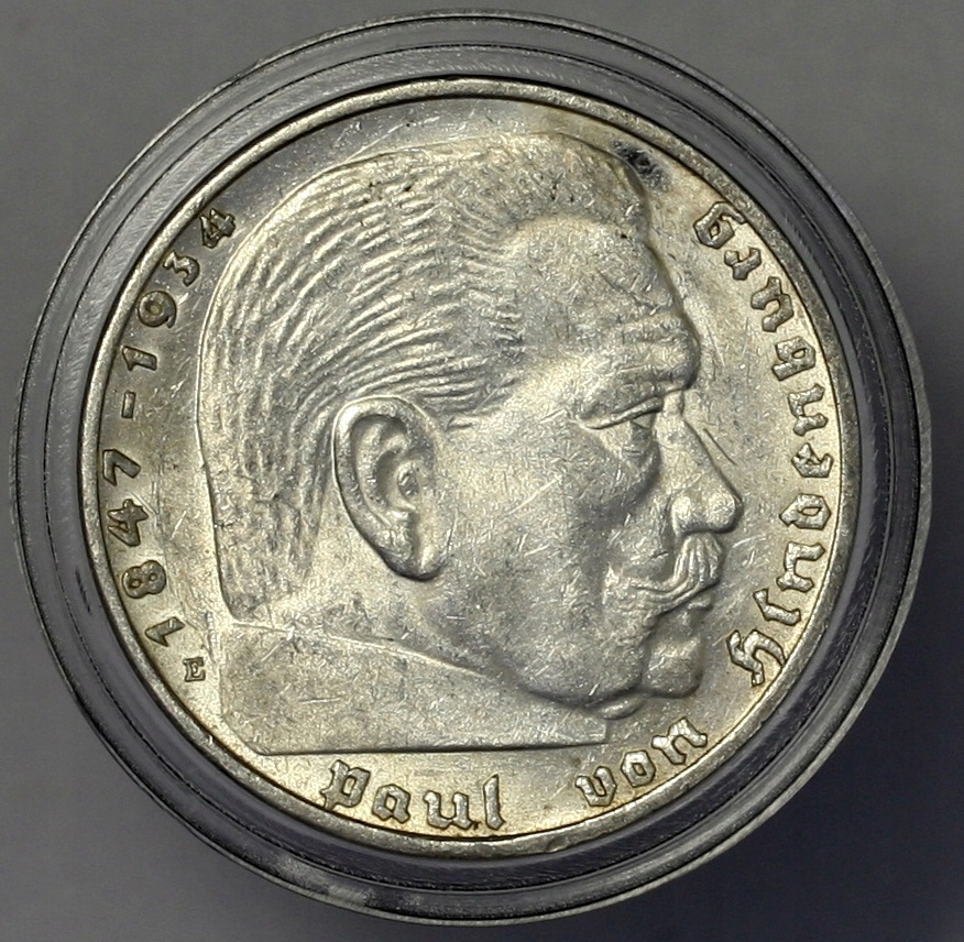 NIEMCY, III RZESZA 2 MARKI 1938 E HINDENBURG, SREBRO, stan 1-