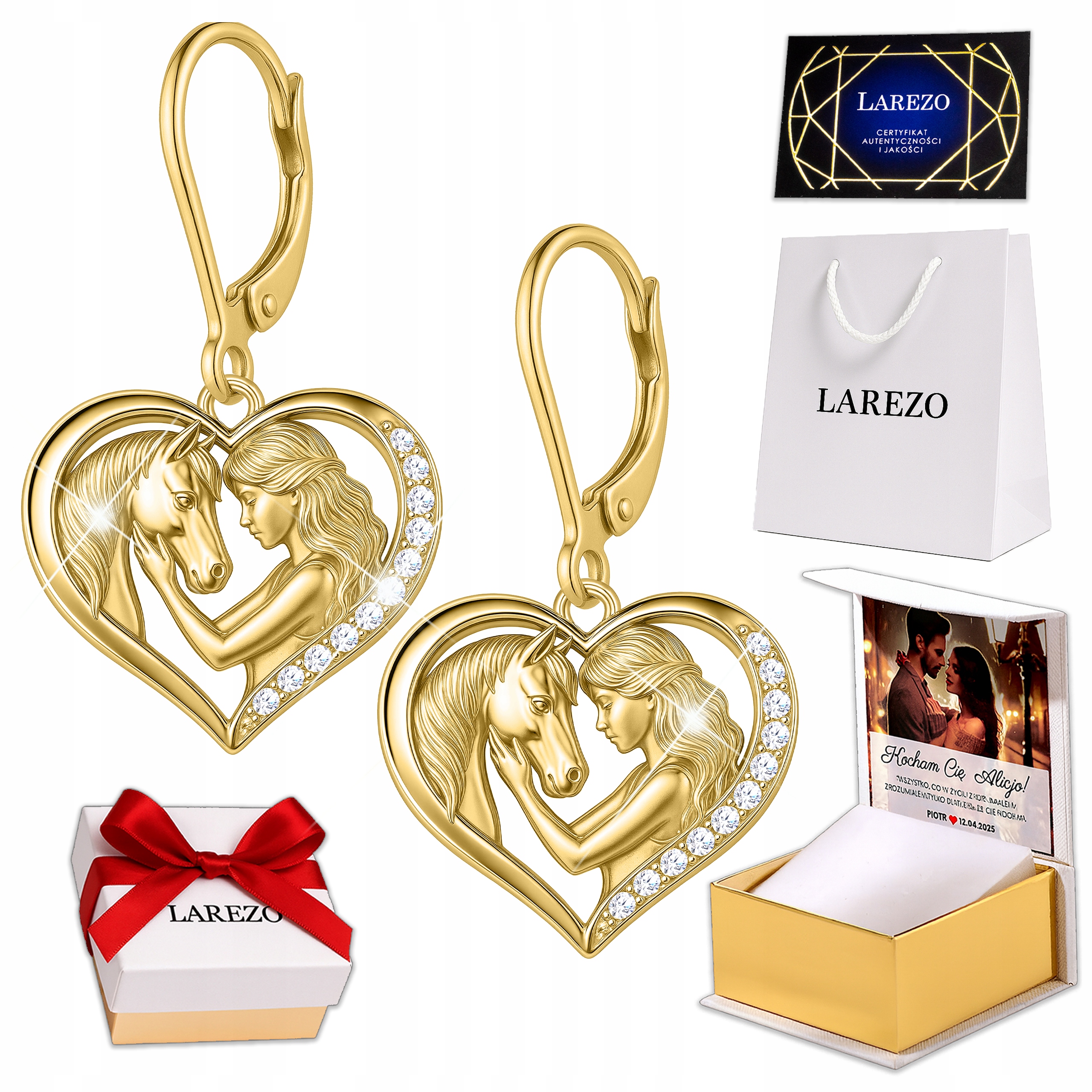 Zlaté Náušnice Koně Srdce s koněm Zirkony Stříbro 925 Potisk