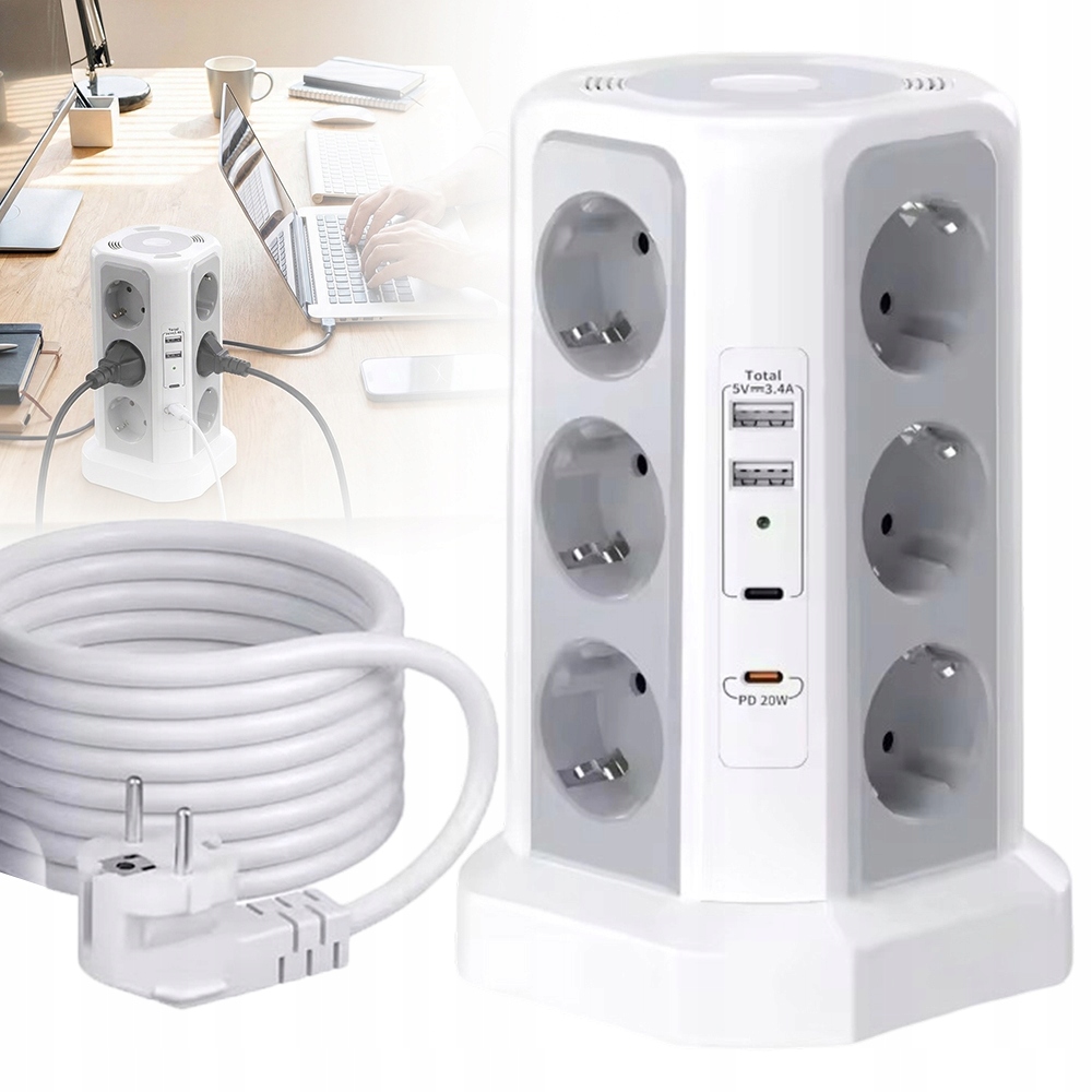 Zásuvková Lišta Ochrana 12 Zásuvek 2X Usb-c 2X Usb A 2M 4000W