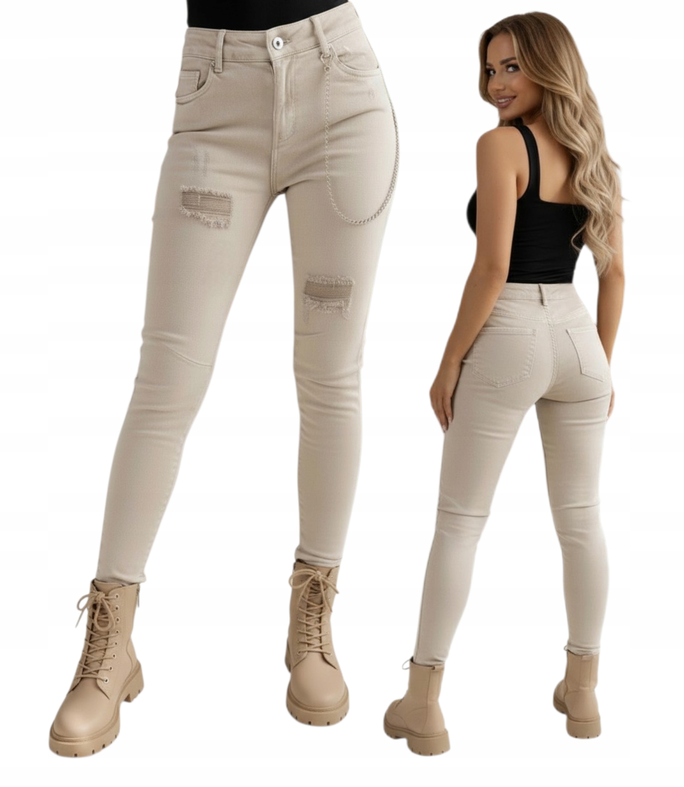 Dámské skinny kalhoty s řetízkem a oděrkami, béžové úzké nohavice vel. L  40
