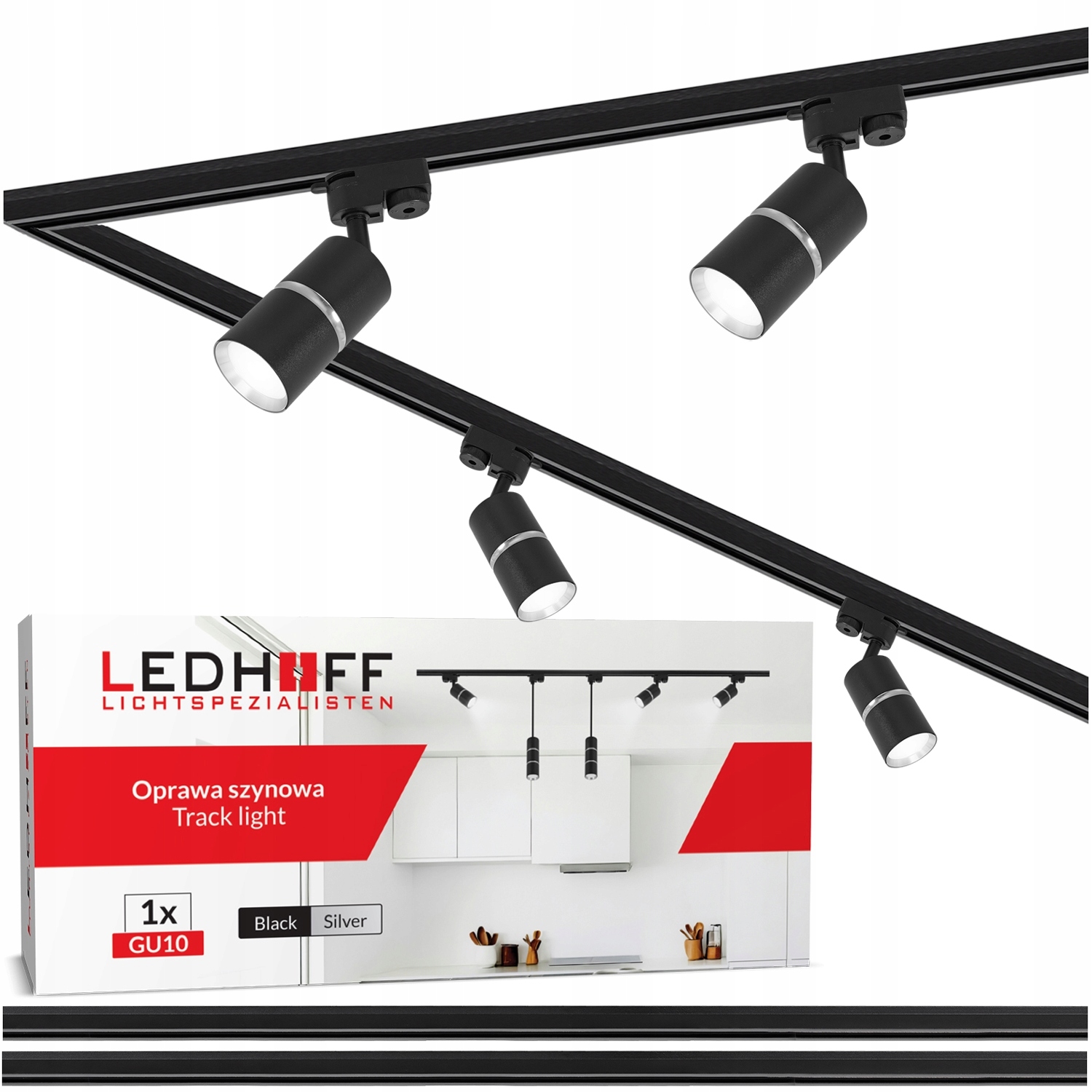 Osvětlení kolejnicová lišta 2x1 m 4x reflektor GU10 Černá stříbrná Led lampa