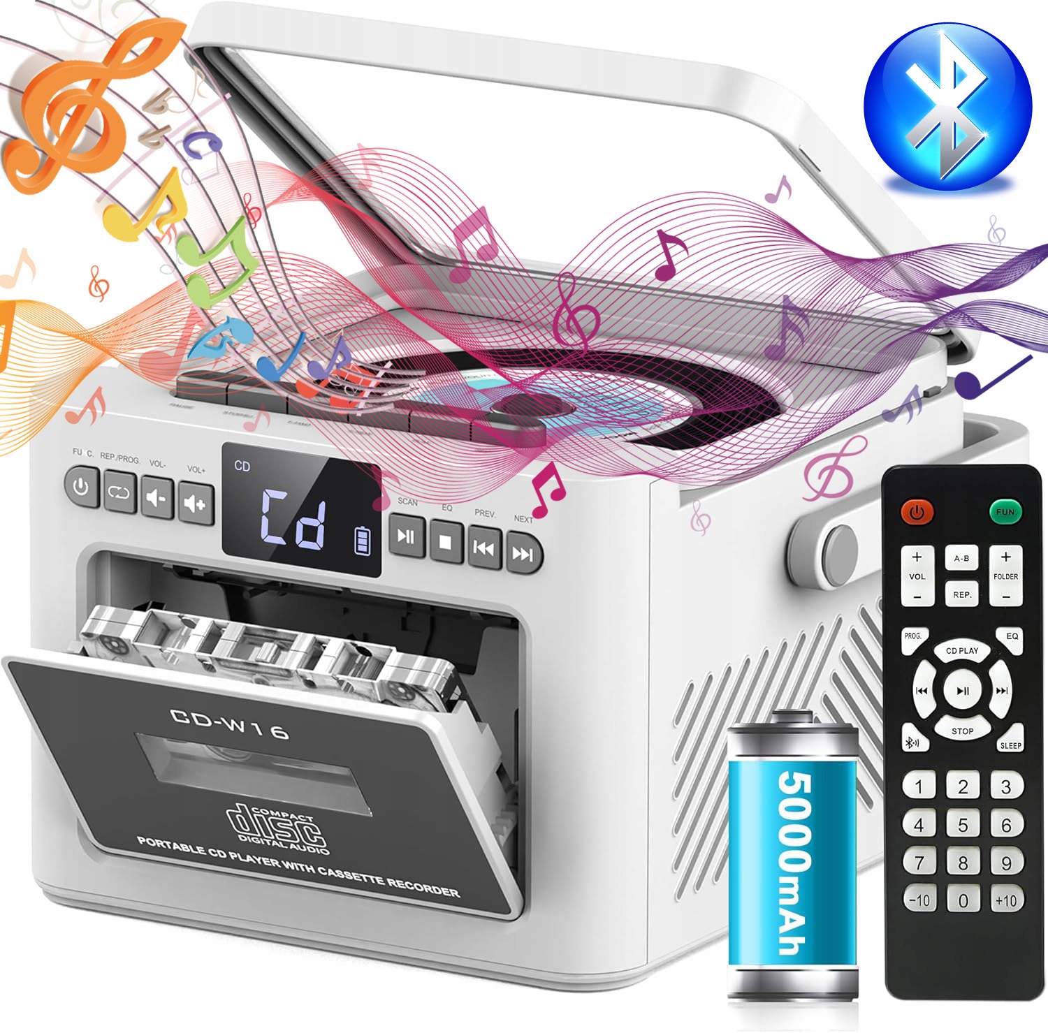 Odtwarzacz CD Bluetooth Kaseta Prznośny Radio Fm Discman MP3 Aux Głośniki