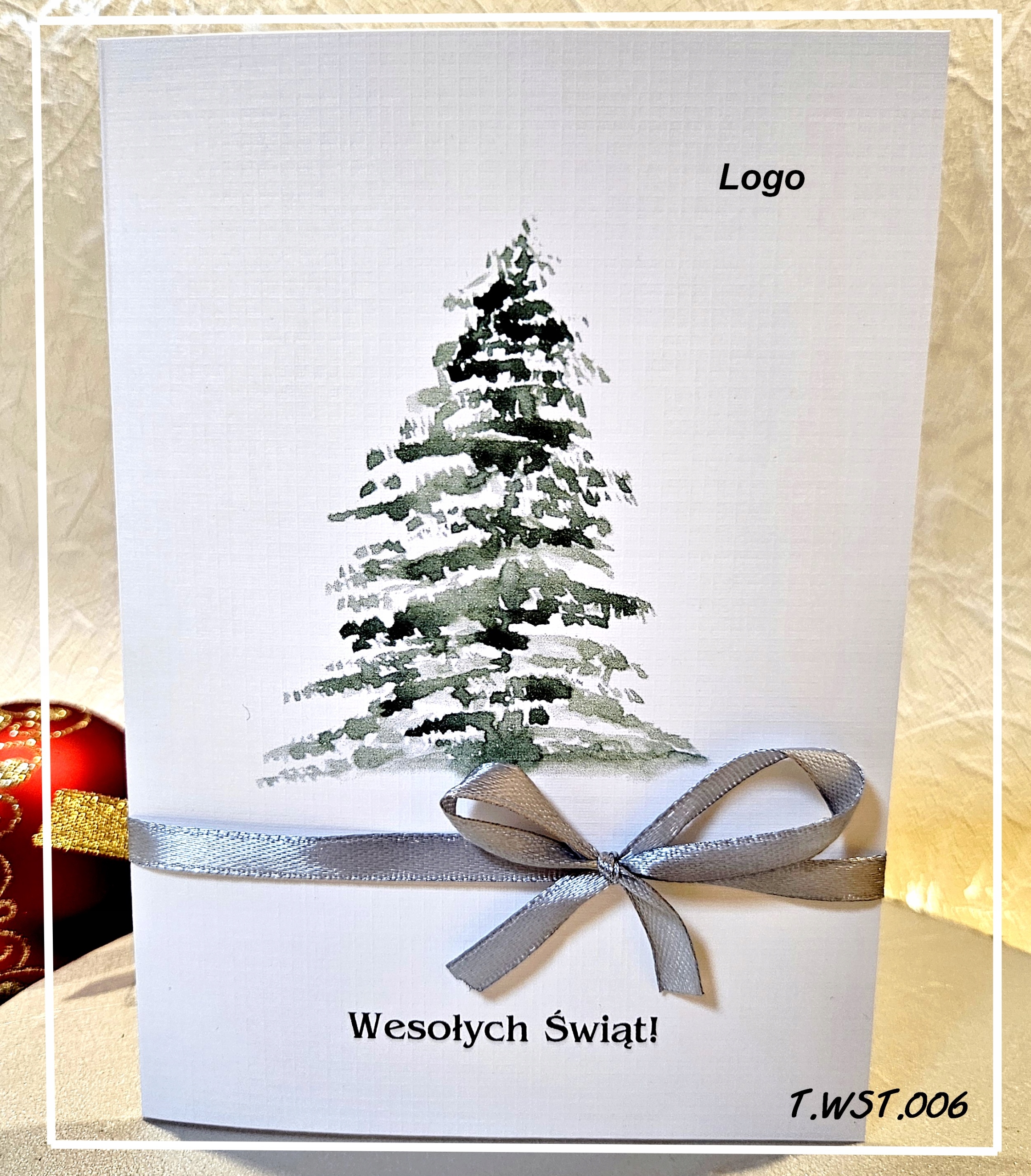 NOWOŚĆ FIRMOWE BIZNESOWE KARTKI ŚWIĄTECZNE Boże Narodzenie z LOGO WSTĄŻKA Cechy dodatkowe koperta w komplecie personalizowane zawiera treść inne