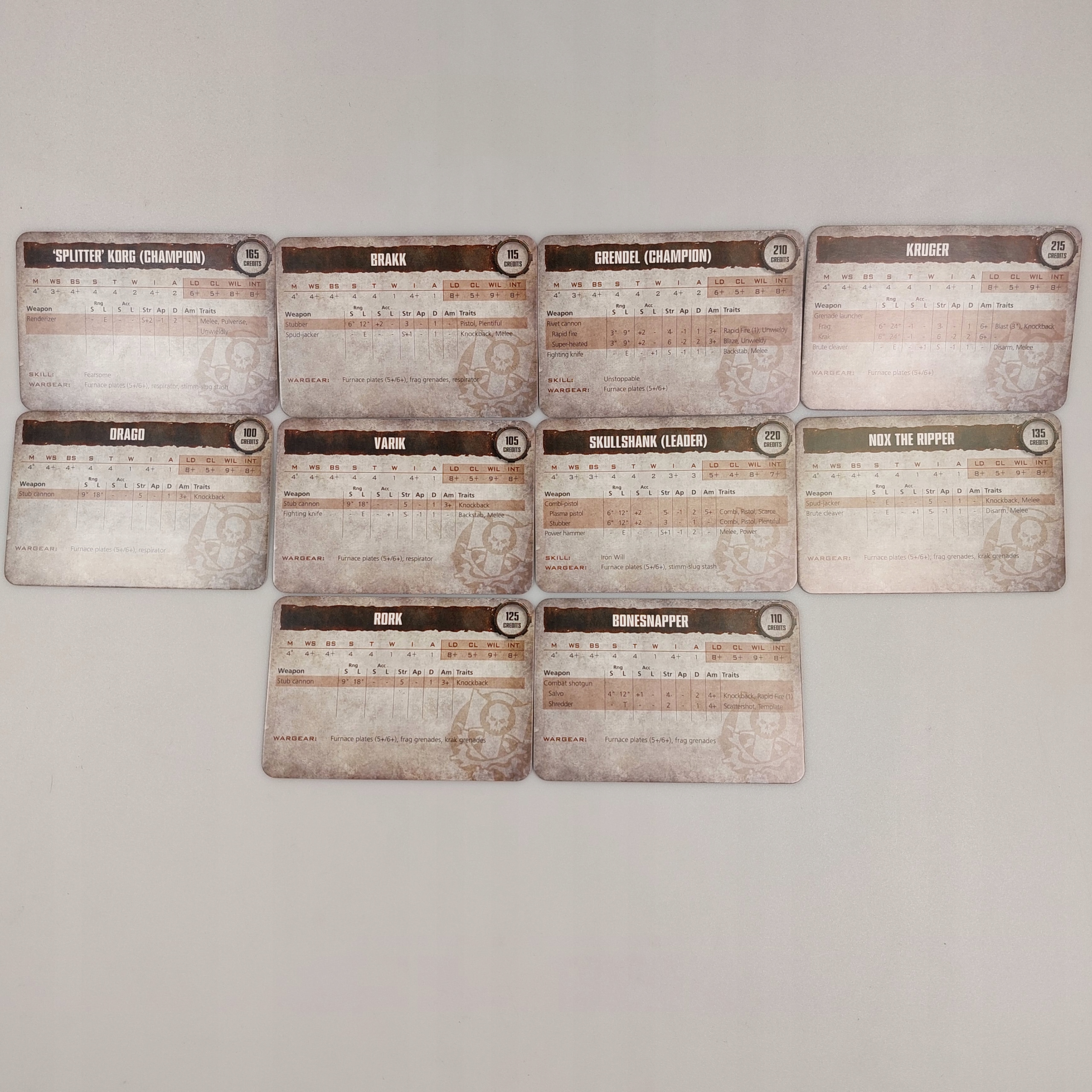 Necromunda Goliath Gang Default Character Cards wydrukowane GAMES WORKSHOP