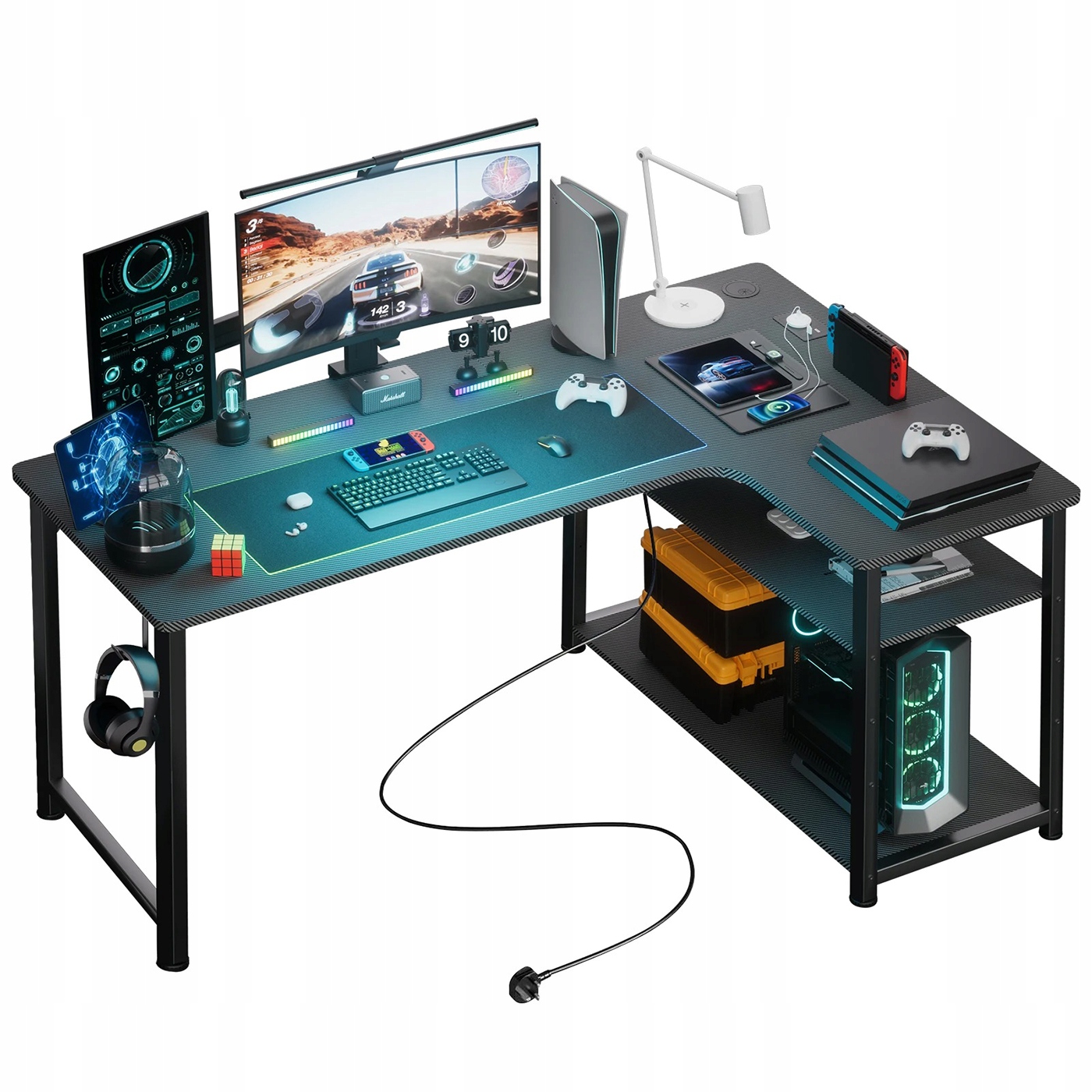 Herný Stôl L-Shape 120 cm, Usb roh, zásuvka, polica, počítač