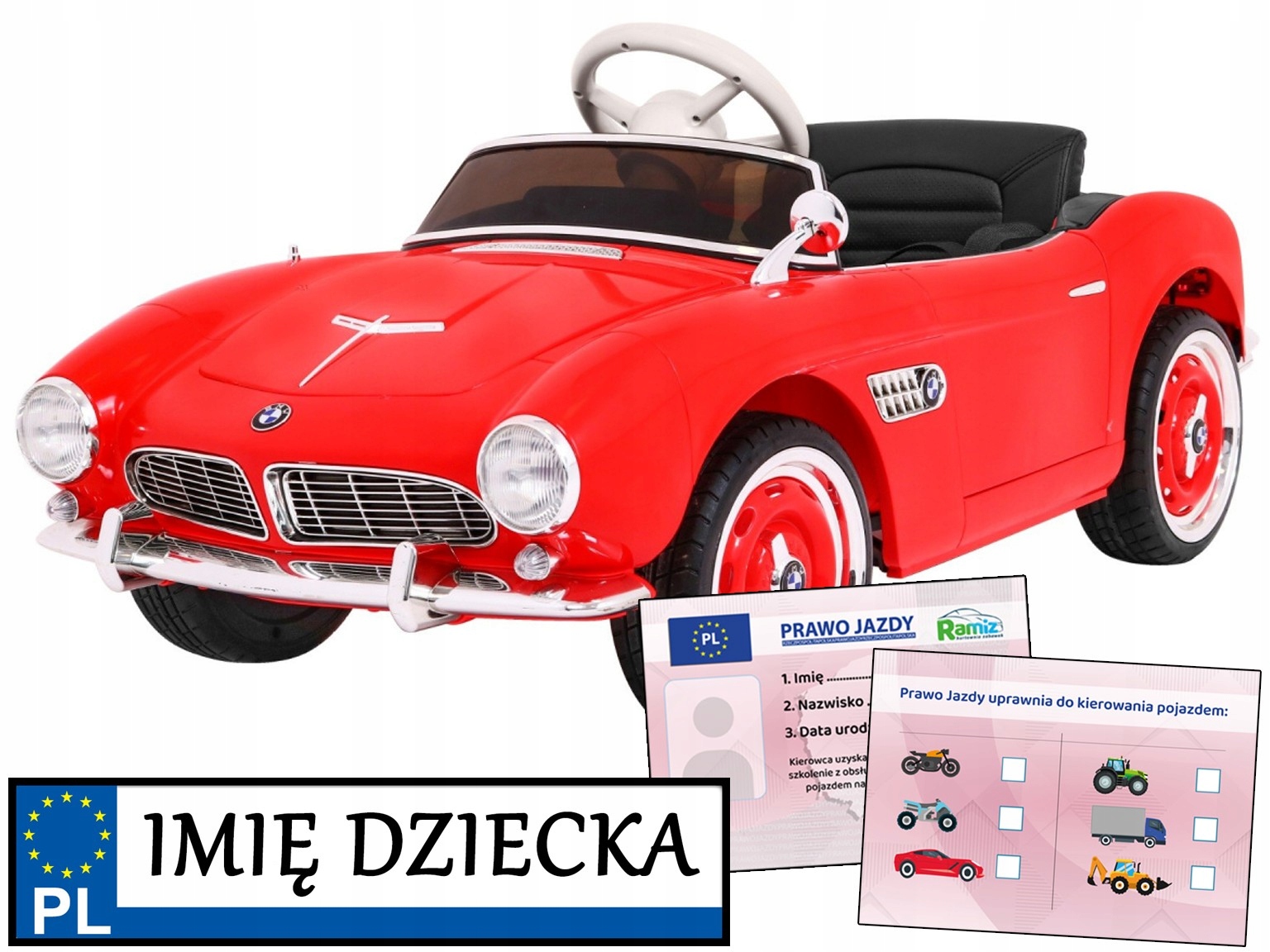 Bmw 507 Retro autko na akumulator dla dziecka Pilot piankowe koła Eva