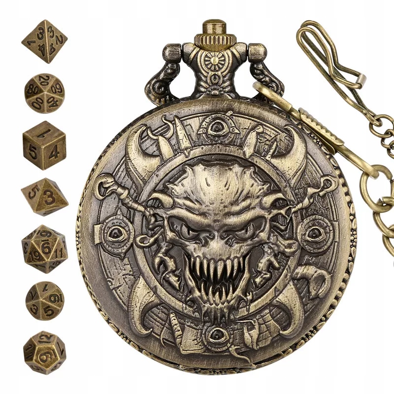 Zegarek Kieszonkowy Pudełko Zestaw Kostek 7 Kości Rpg D&D DnD Czaszka