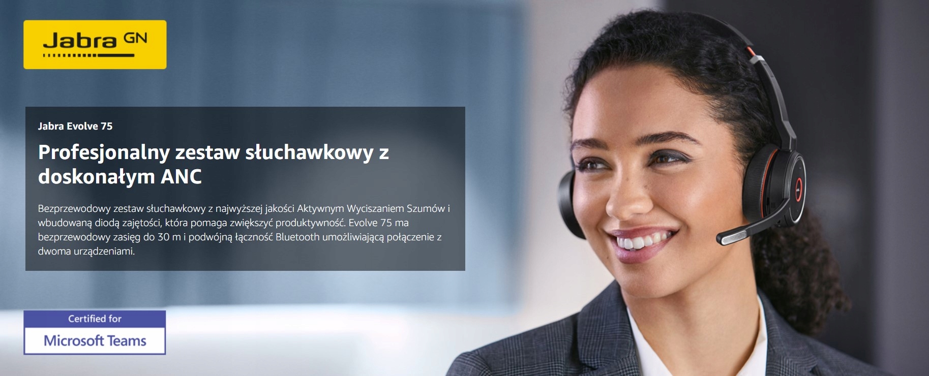 Słuchawki bezprzewodowe Jabra Evolve 75 ANC Regulacja głośności tak