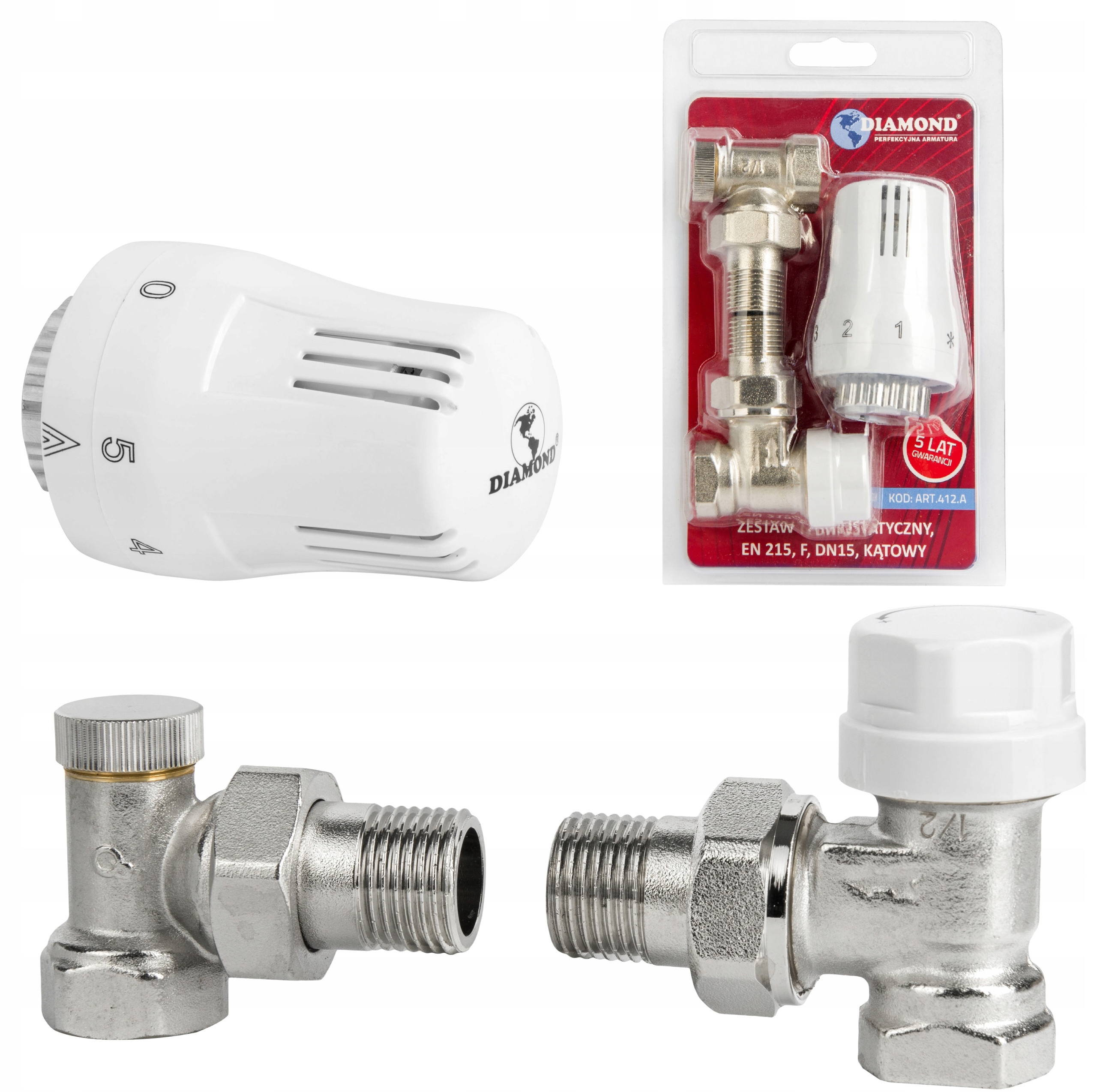 ZESTAW TERMOSTATYCZNY KĄTOWY 1/2 ZAWORY DO GRZEJNIKA + GŁOWICA