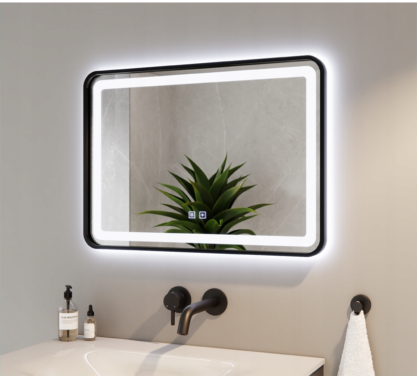 Lustro Czarna Rama Zaokrąglone LED 3w1 Trzy Barwy z Matą Grzewczą 60x80 Marka Galakor