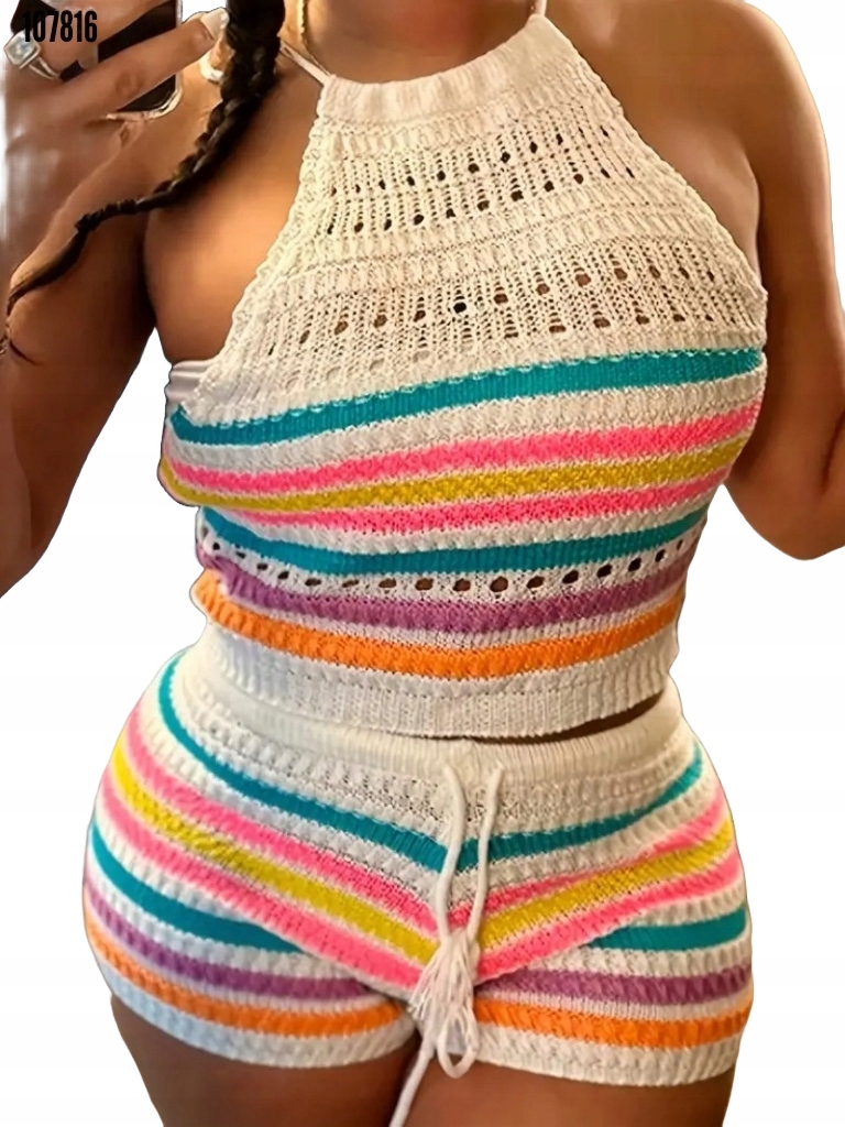 Damski Zestaw Krótkich Spodenek Bez Rękawów, Z Dekoltem Wiązanym Na Szyi, W