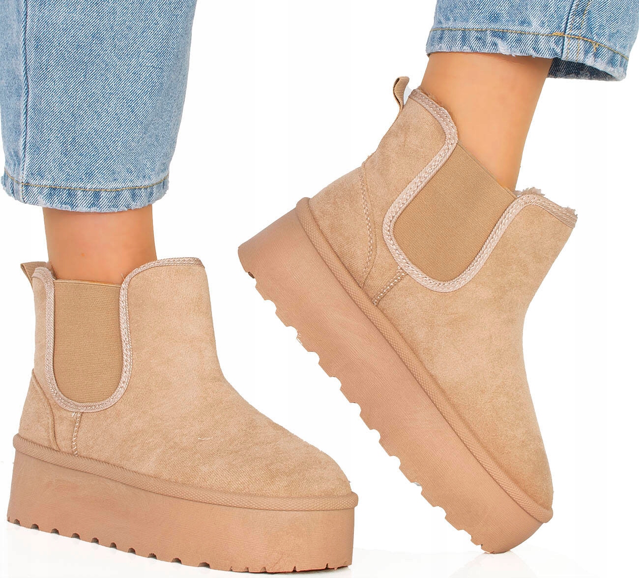 ŚNIEGOWCE BEŻOWE OCIEPLANE KHAKI BOTKI NA PLATFORMIE WSUWANE 39