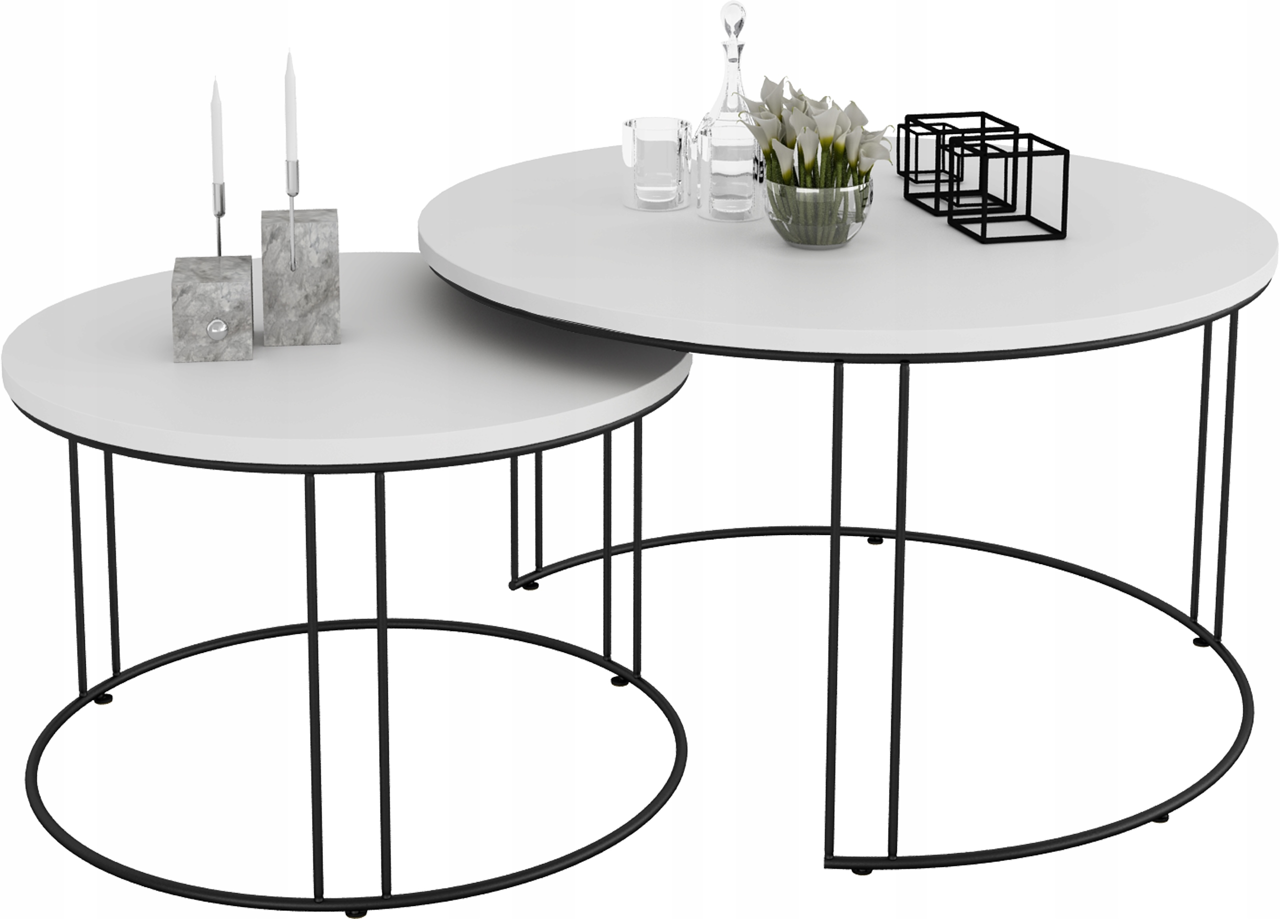 Zestaw Okrągłych Stolików Kawowych 2w1 Salon Loft Czarny+Biały Mat