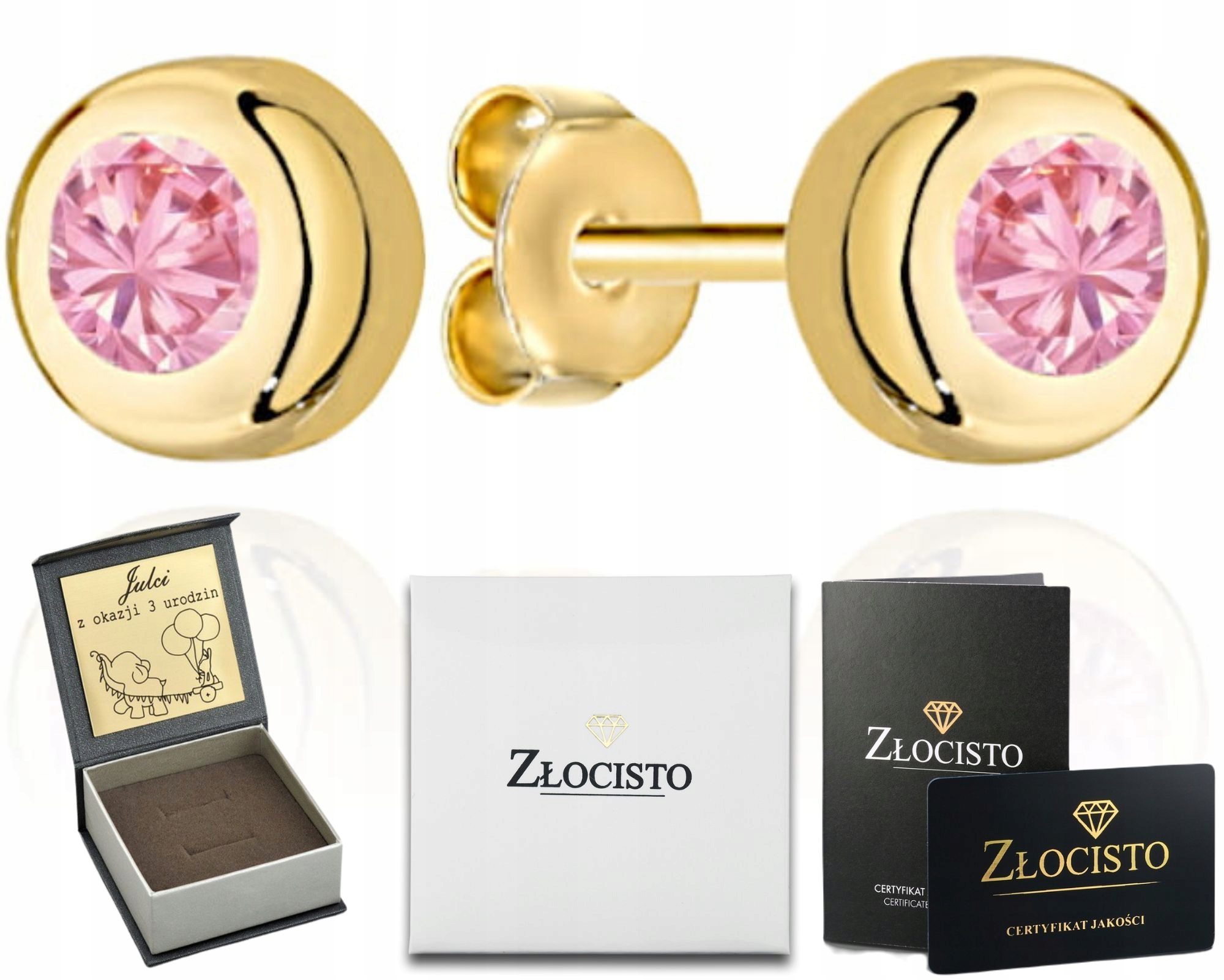 Zlaté Náušnice Růžový Kamínek 585 Tyčinka Gravírování Šrouby Dárek