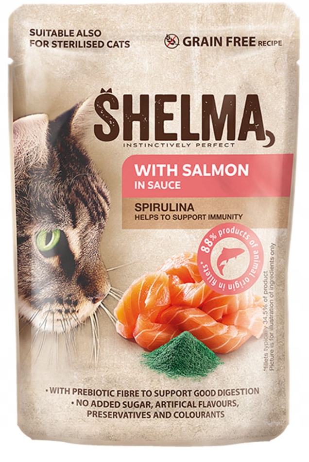 Levně 6 x Shelma mokré krmivo pro kočky kapsička losos a spirulina 85 g