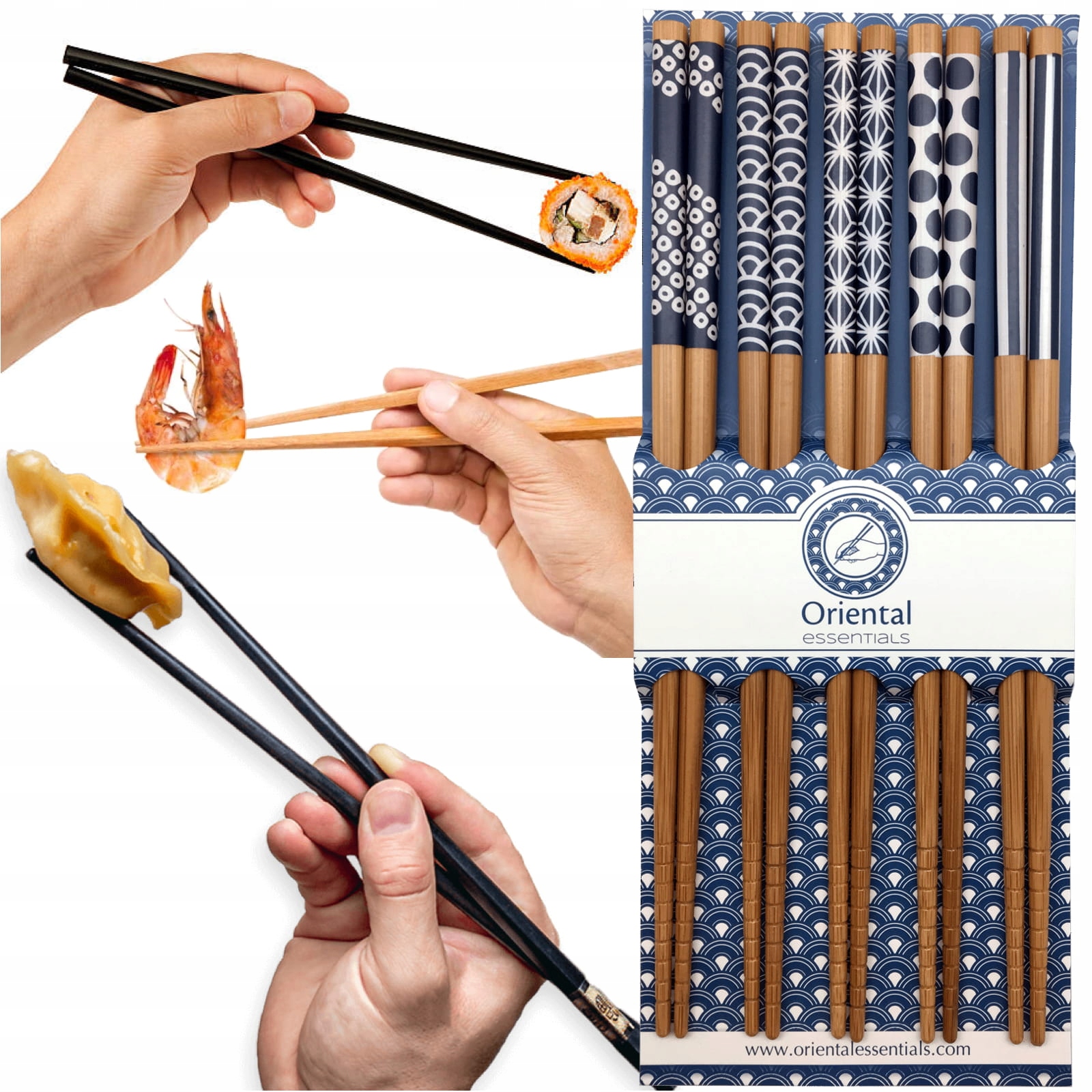 Drewniane Brązowe Pałeczki Różne Niebieskie Wzory 5 Par Długość 22,5cm