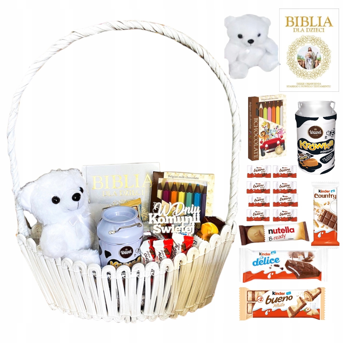 Kosz prezentowy słodycze na Komunię z Biblią dla Dzieci