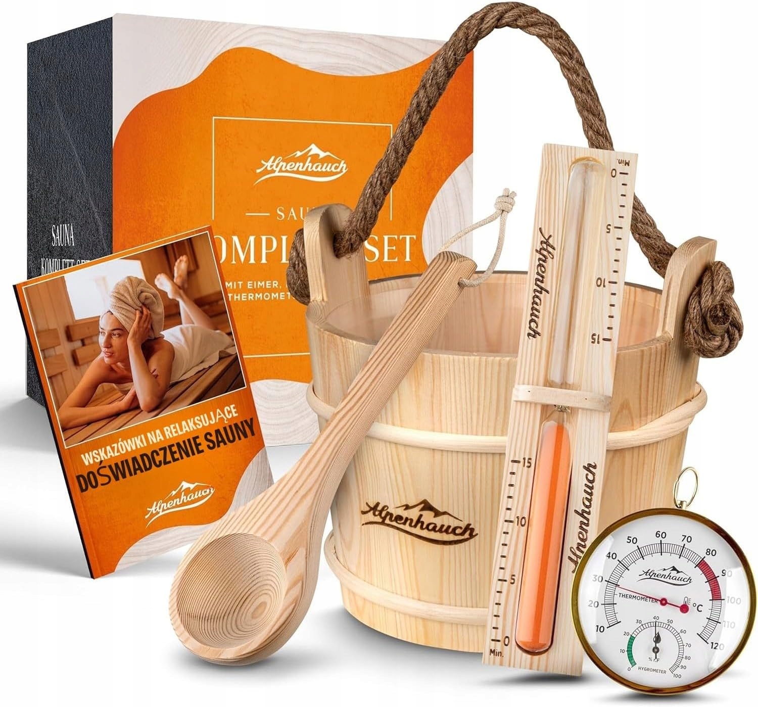 Set Do Sauny Dřevěný Kbelík Naběračka Přesýpací Hodiny Teploměr Přírodní