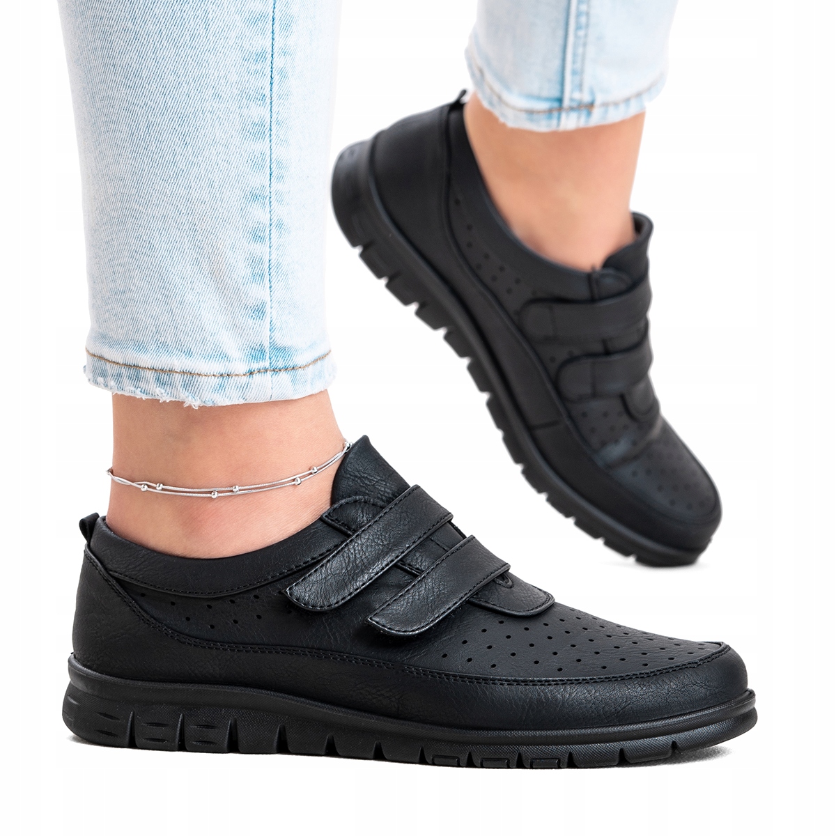 Sneakersy w.SKÓRA buty sportowe lekkie Czarne na Rzep Wojtyłko 39