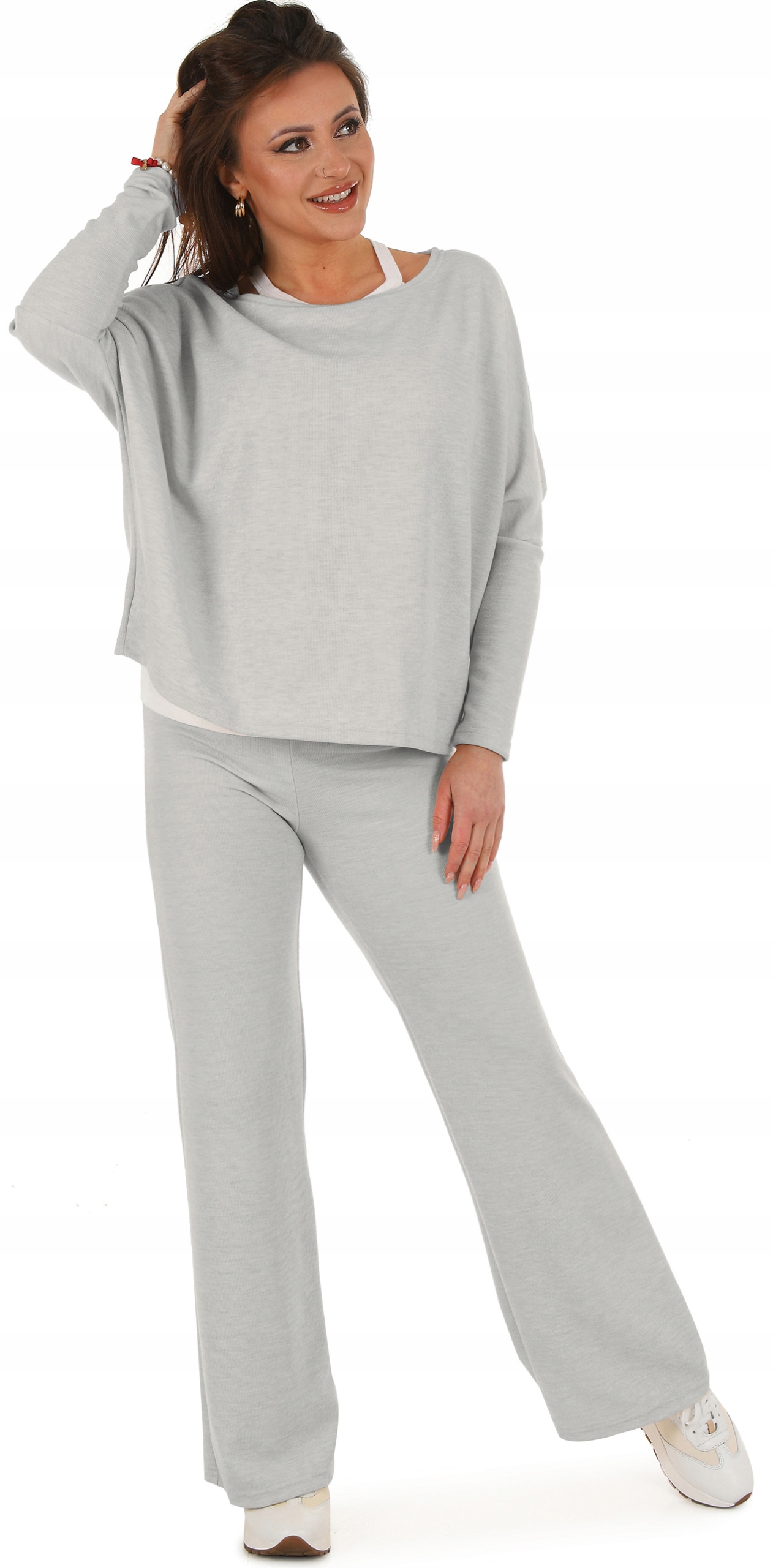 F647 Dzianinowy KOMPLET szerokie SPODNIE + luźna BLUZKA narzutka L/XL Marka inna