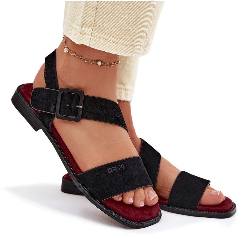 Dámské Sandály Big Star Semiš Plochý Podpatek Pohodlné TT274490 Černé 38