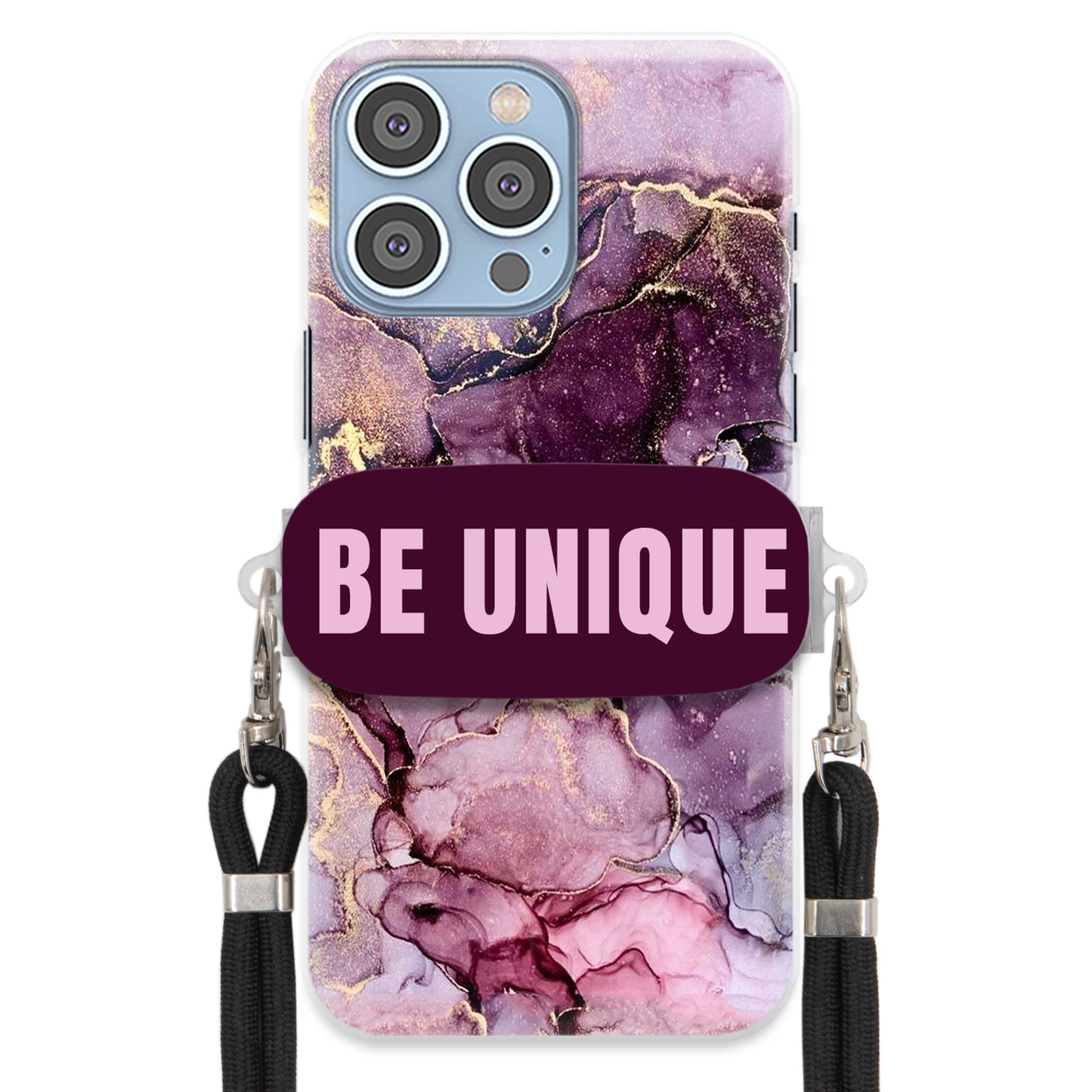 Puzdro pre iPHONE 14 Pro Max Case držiak na šnúrku Čierny fialový mramor