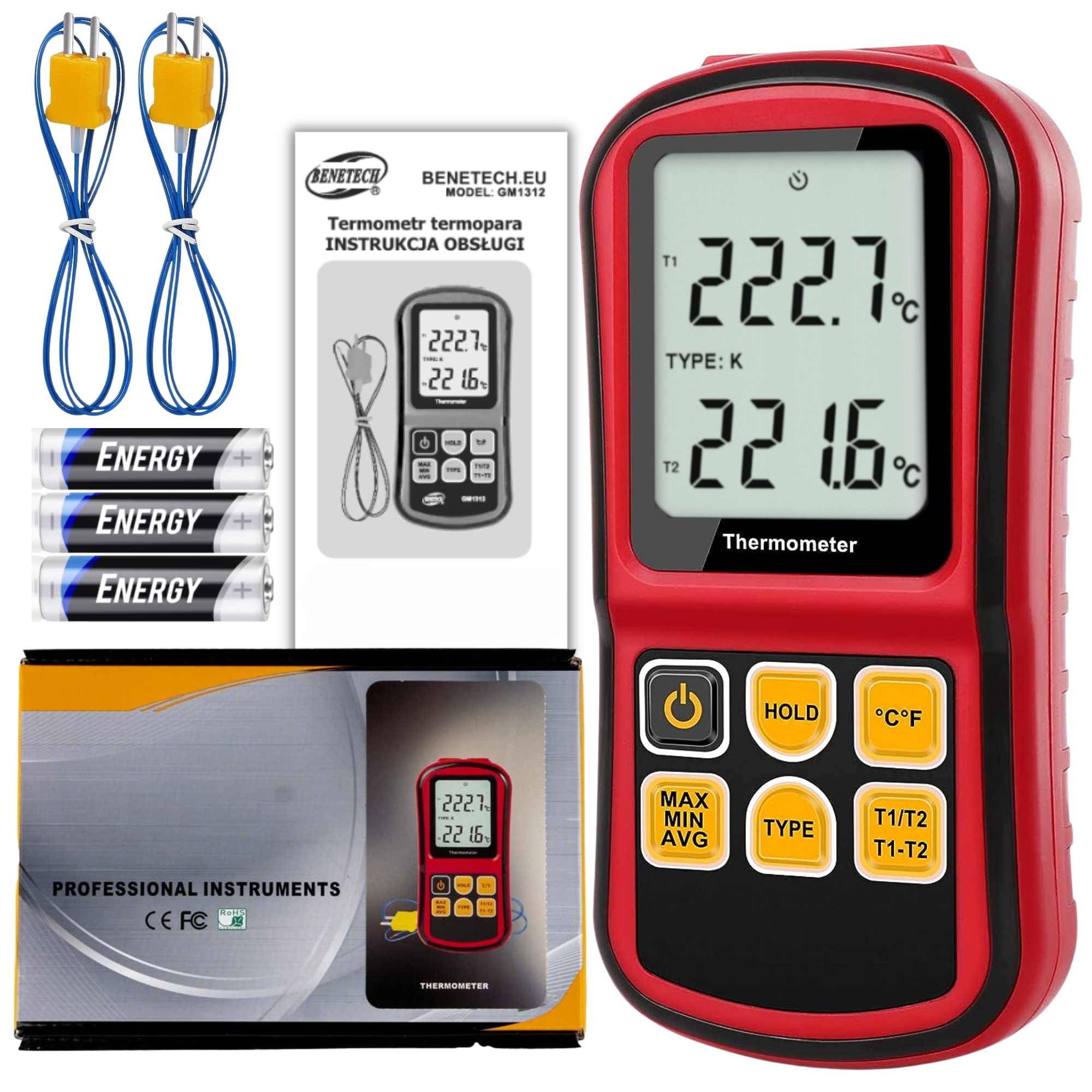 Cyfrowy Termometr 2x Termopara Typu K do 1372 st. Kompatybilna J,k,t,e,n,r