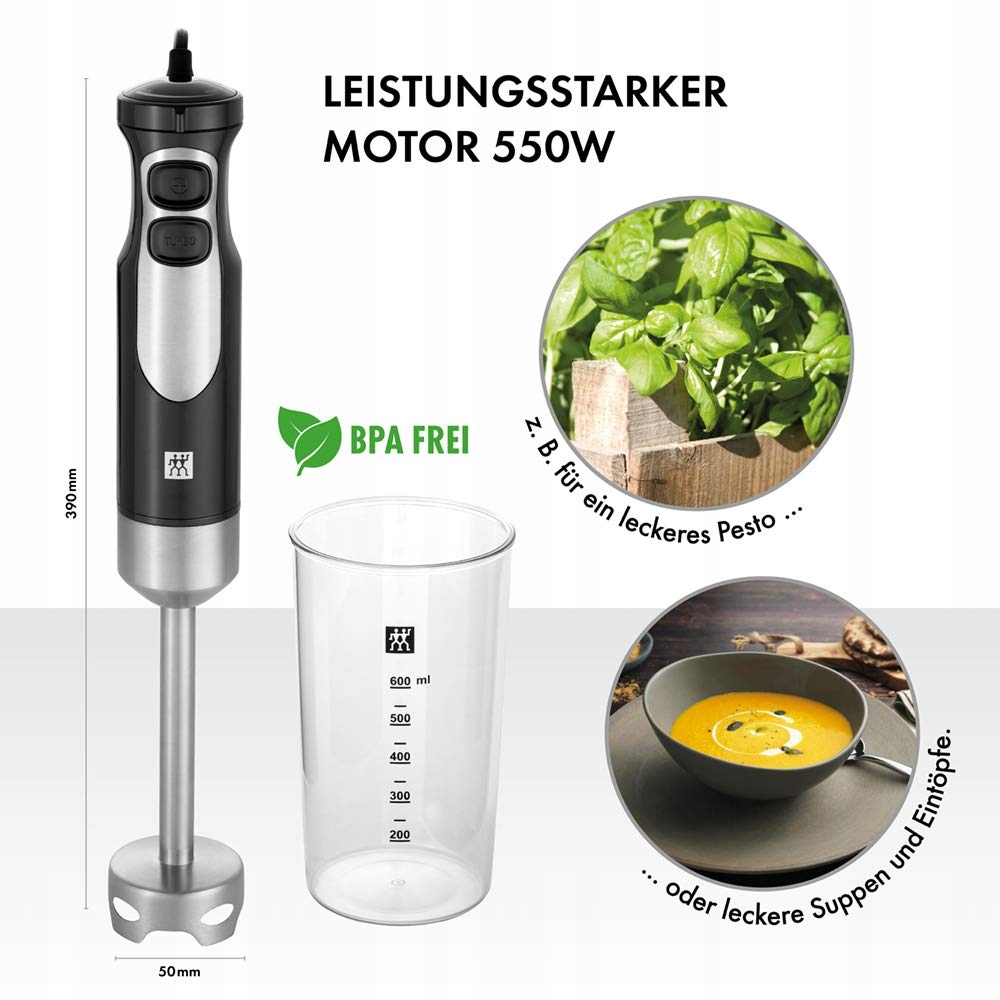 ZWILLING Blender Ręczny 550W Stal Nierdzewna Z Miarką 600ml Czarno-Srebrny — miniatura 2