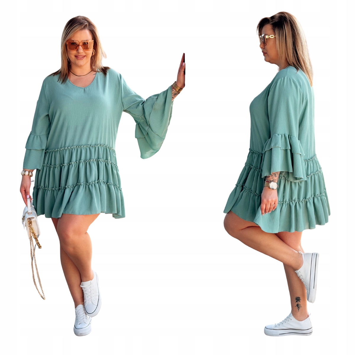 Sukienka Midi Duże Rozmiary Plus Size z Falbaną Damska Cavaricci Military